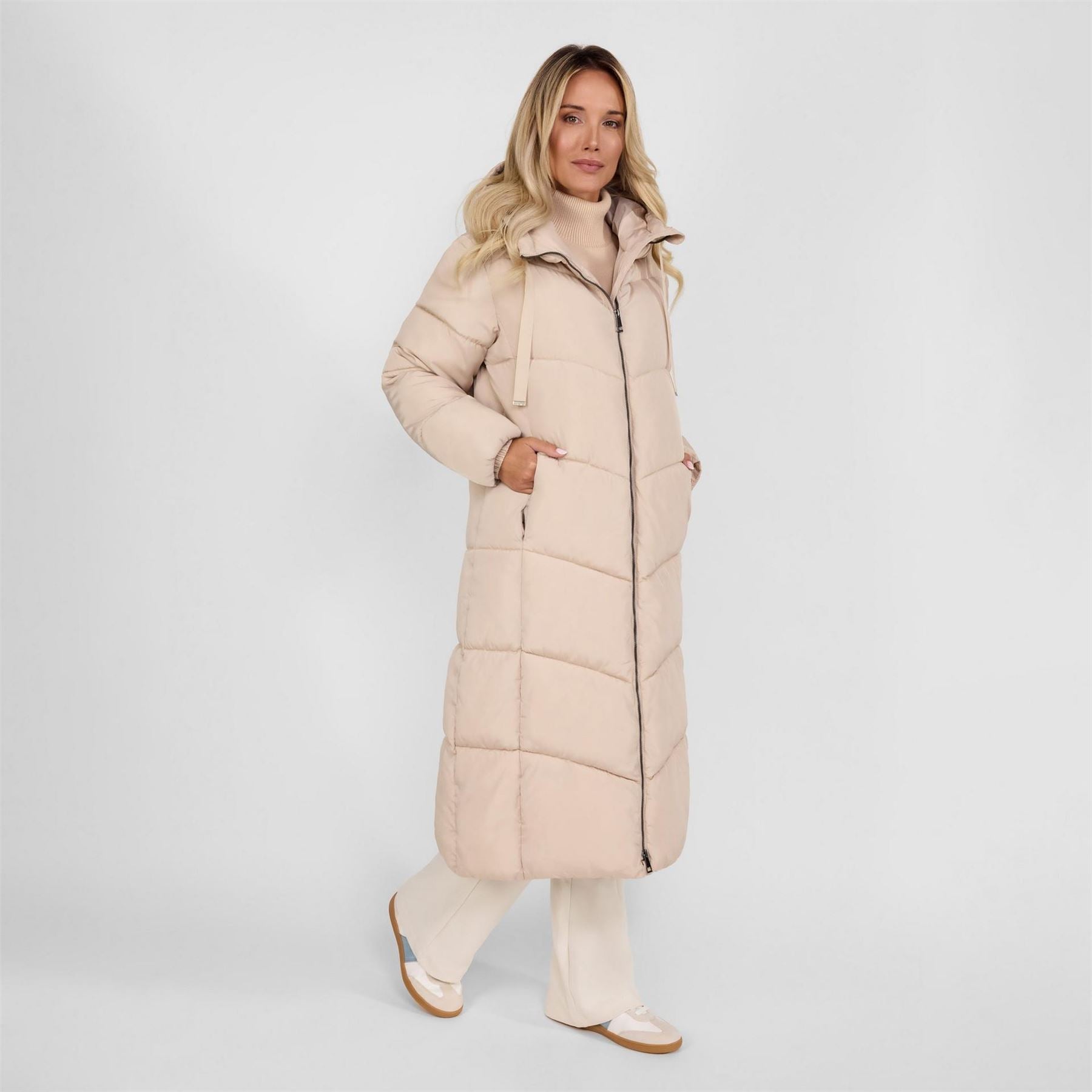 Minoti Women Long Quilted Winter Jacket With Contrast Zip And Drawstring Hood Grey