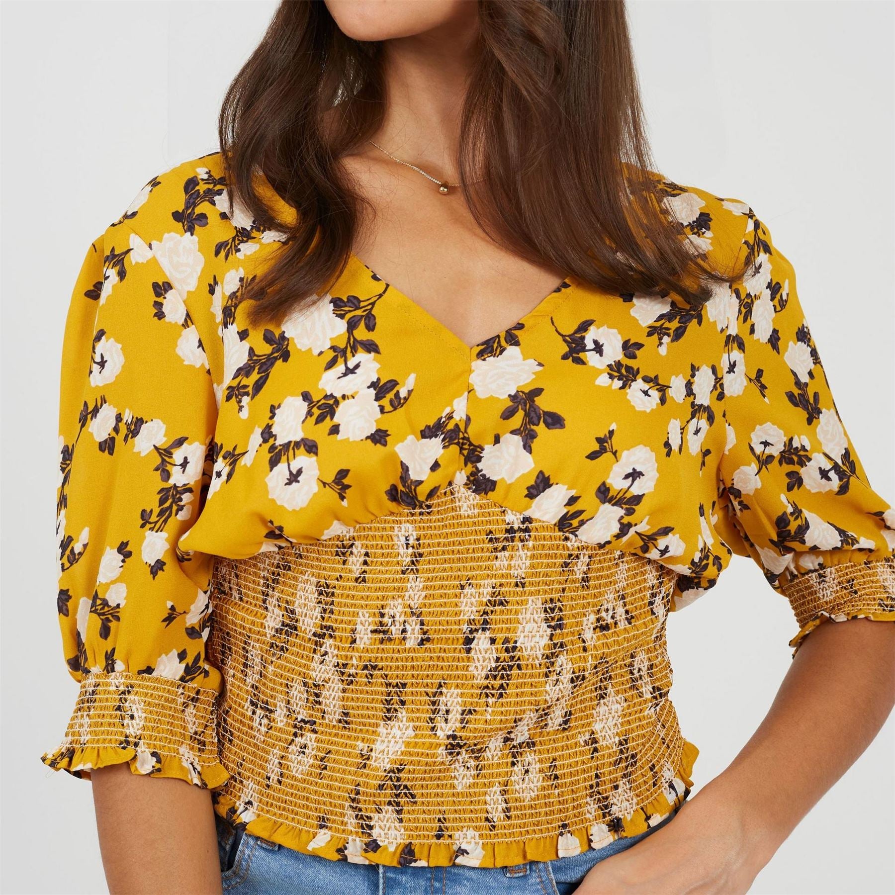 Brave Soul V-Neck Three-Quarter Puff Sleeve Peasant Blouse