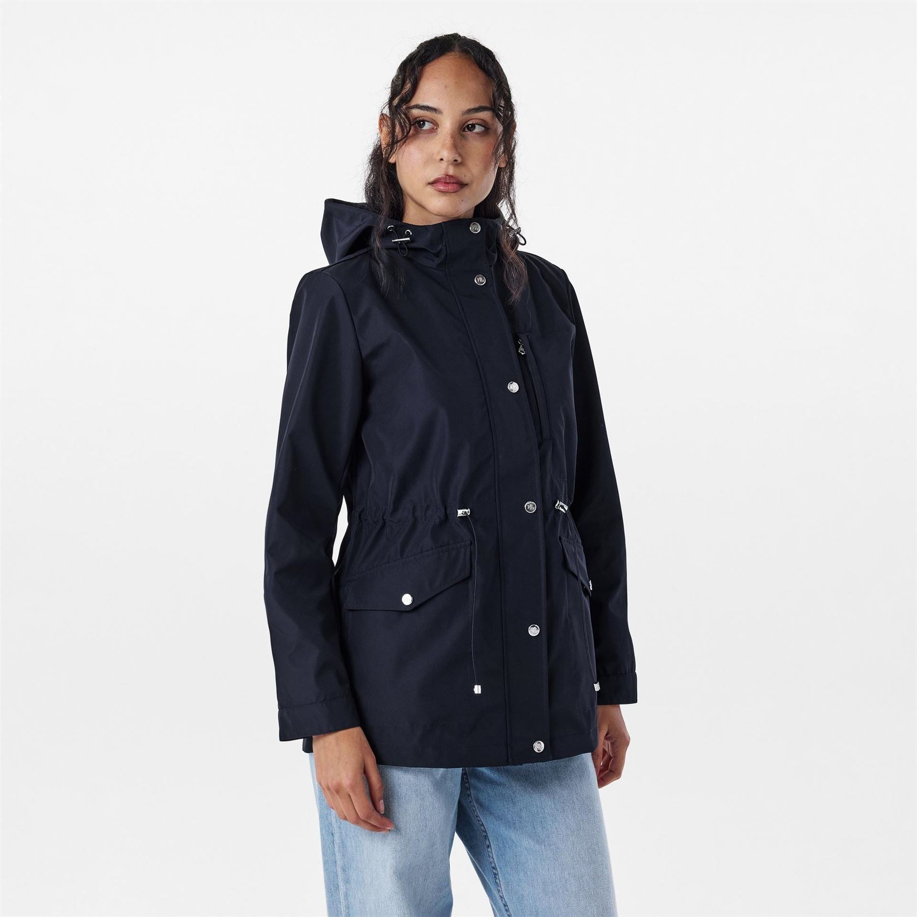 Lauren by Ralph Lauren Solid Patterned Hooded Drawstring Snap Button Rain Jacket