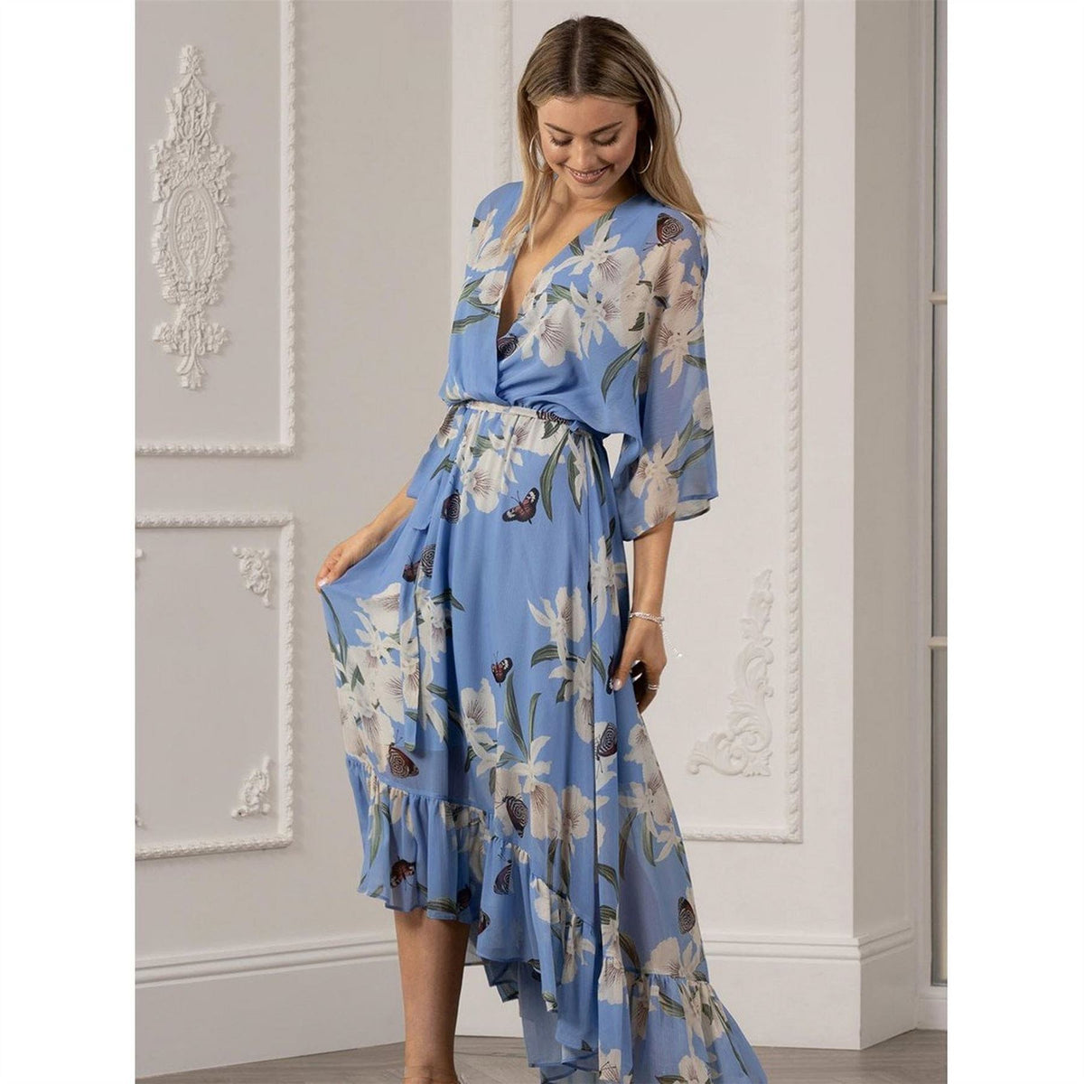 Yumi Light Blue Floral Wrap Dress