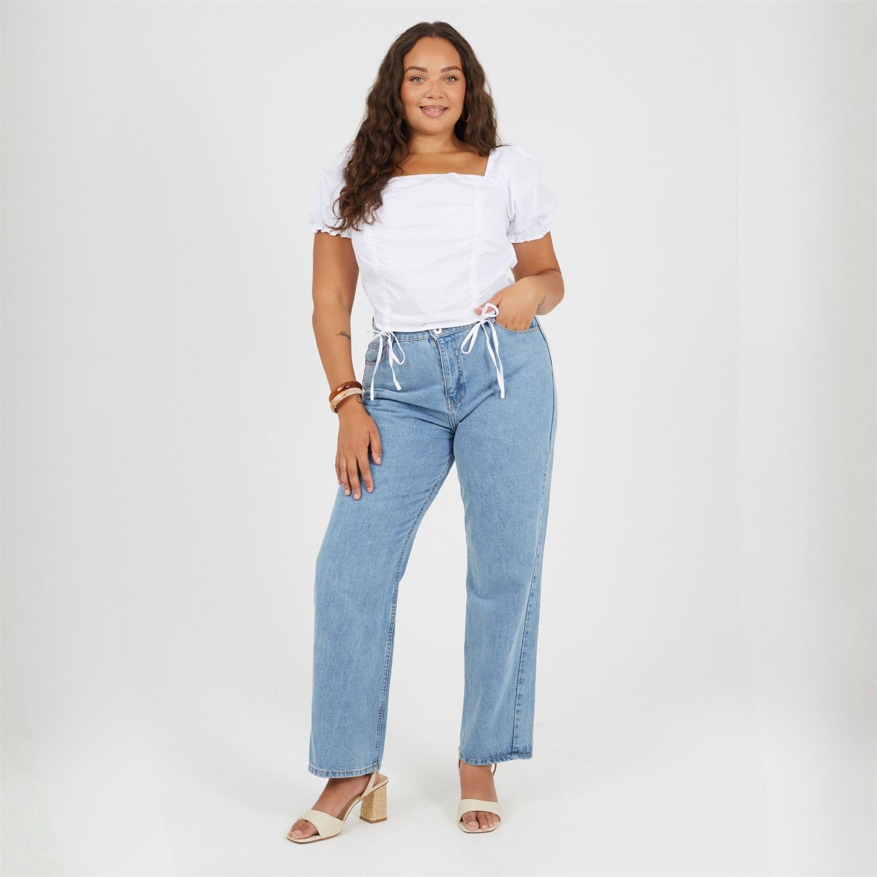 Brave Soul Womens Plus Size Puff Sleeve Top With Ruched And Tie Details.