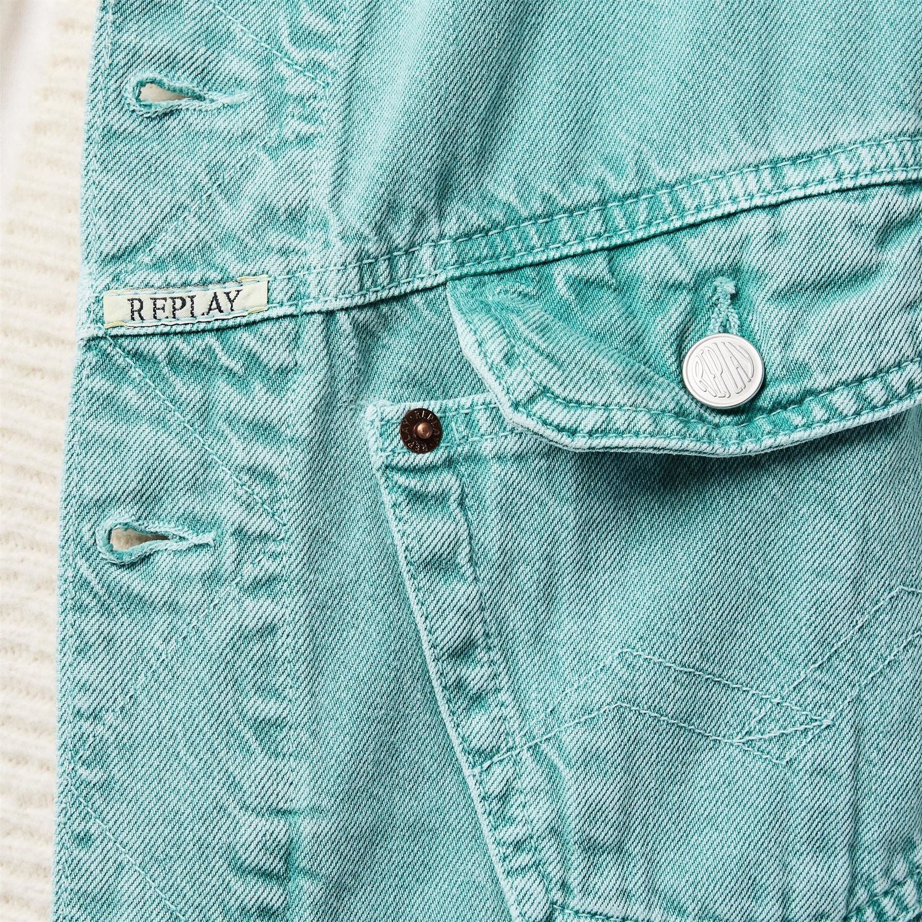 Replay Solid Patterned Snap Button Denim Jacket with Pockets