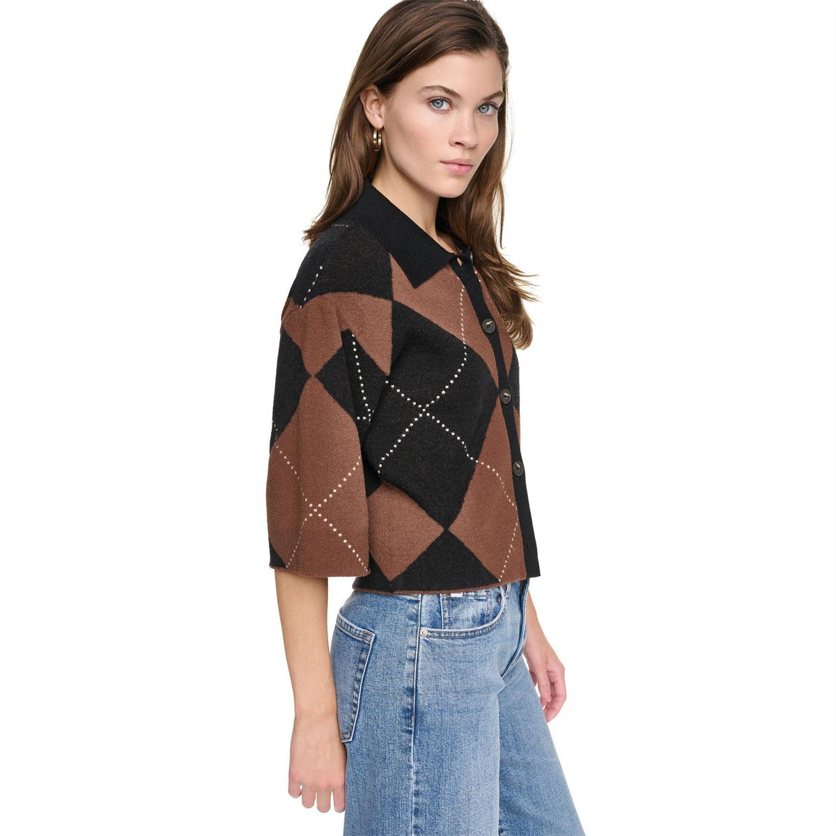 DKNY Fuzzy Argyle Elbow Sleeve Cardigan