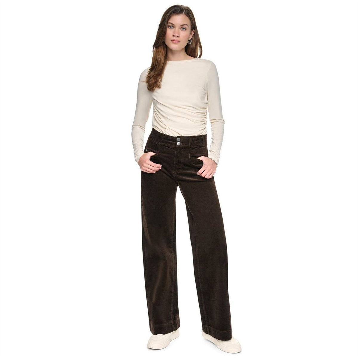 DKNY Hi Rise Double Button Wide Leg Corduroy