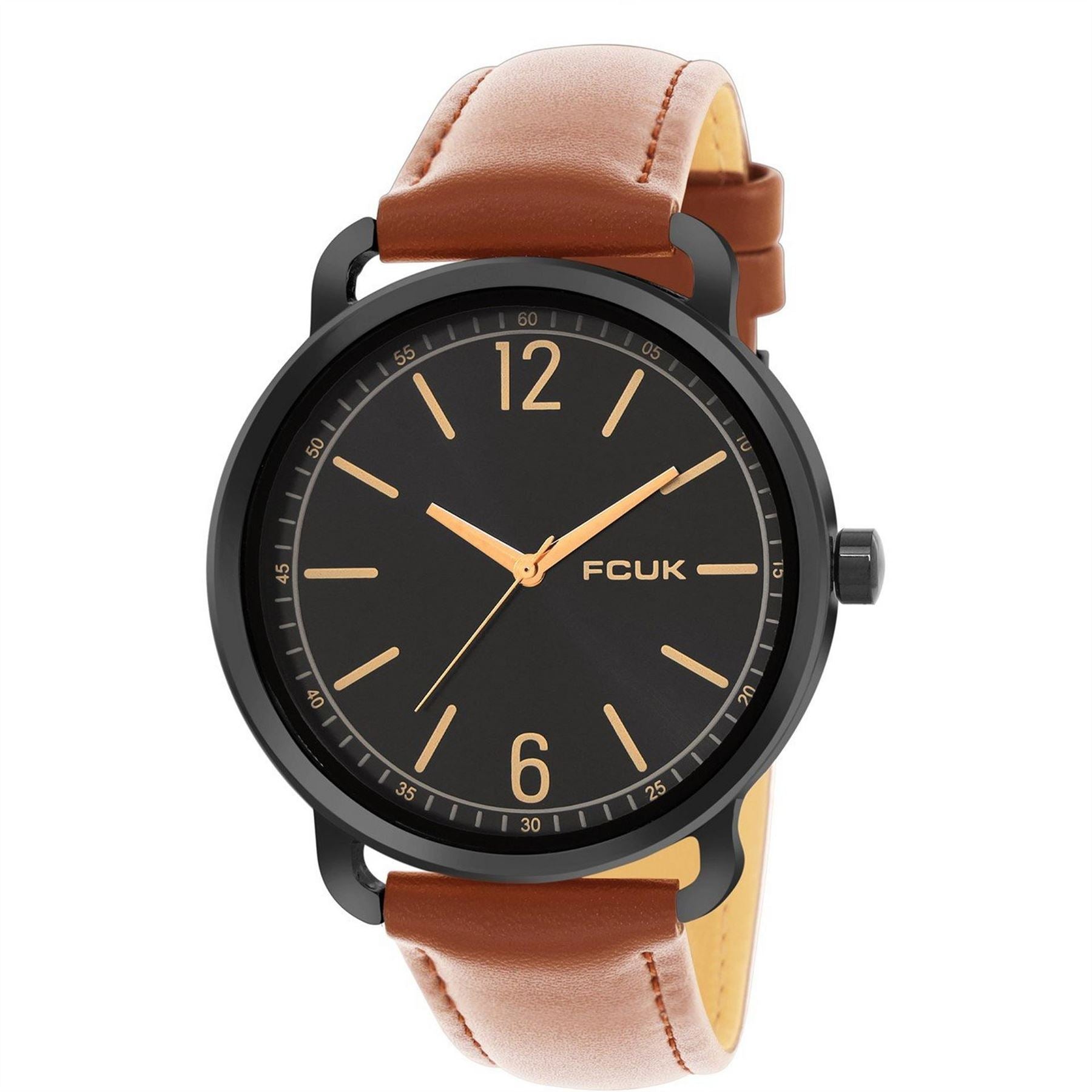 FCUK Black Case Round Shape Tan Strap Quartz Watch
