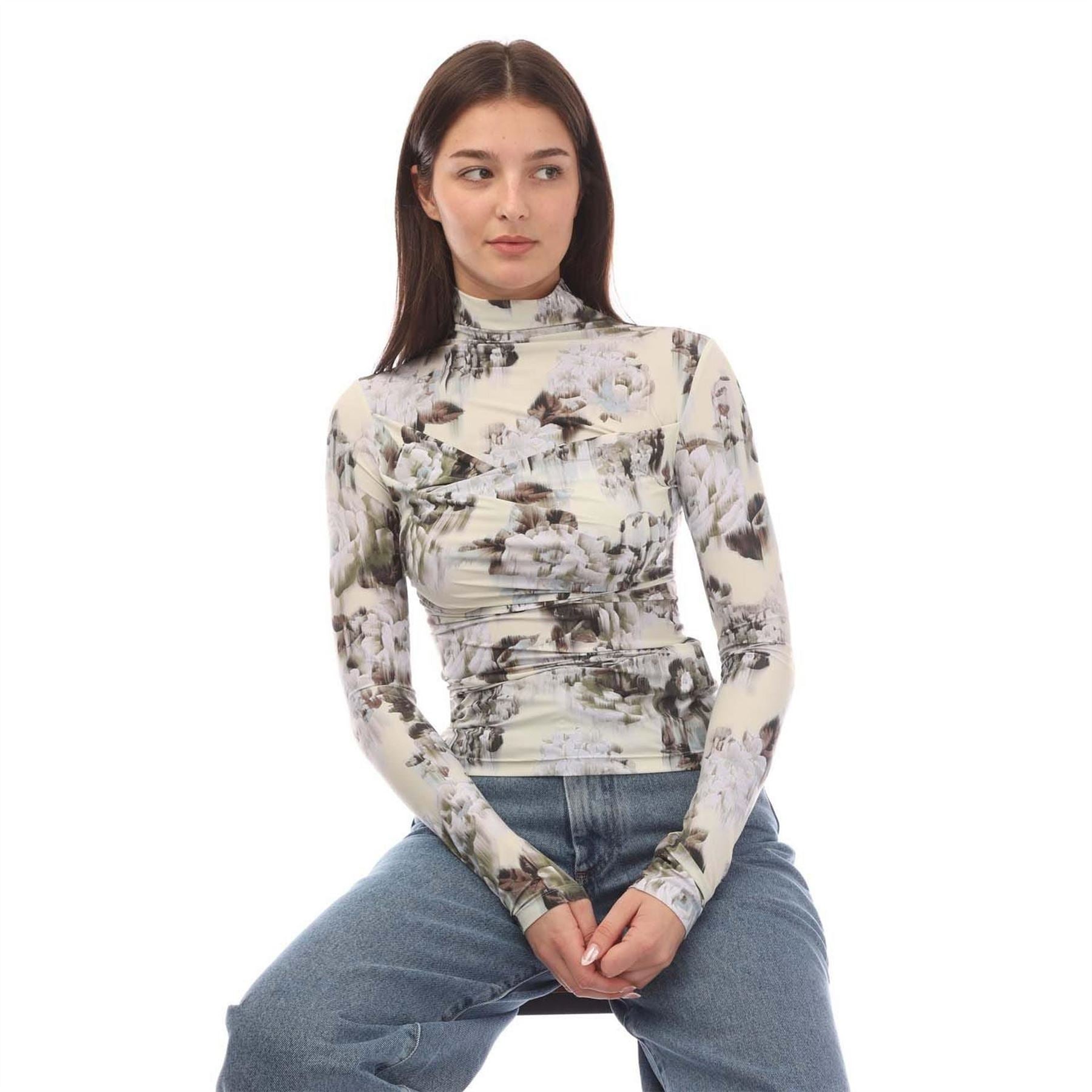 Off White Sec Skin Twist Long Sleeve Top, Chinese Flower Pattern