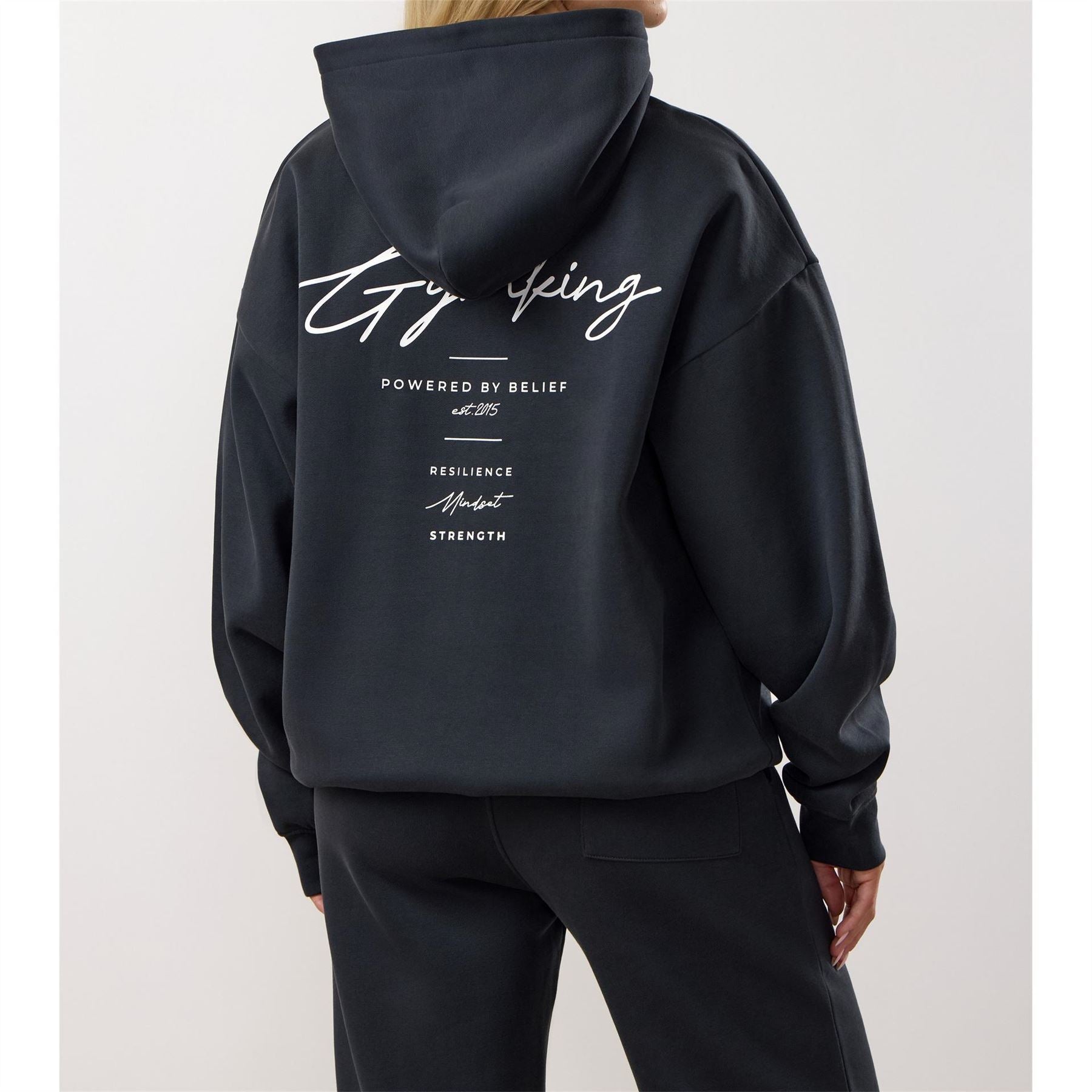 Gym King Text Graphic Hooded Neck Long Sleeve Oversized Sweatshirt