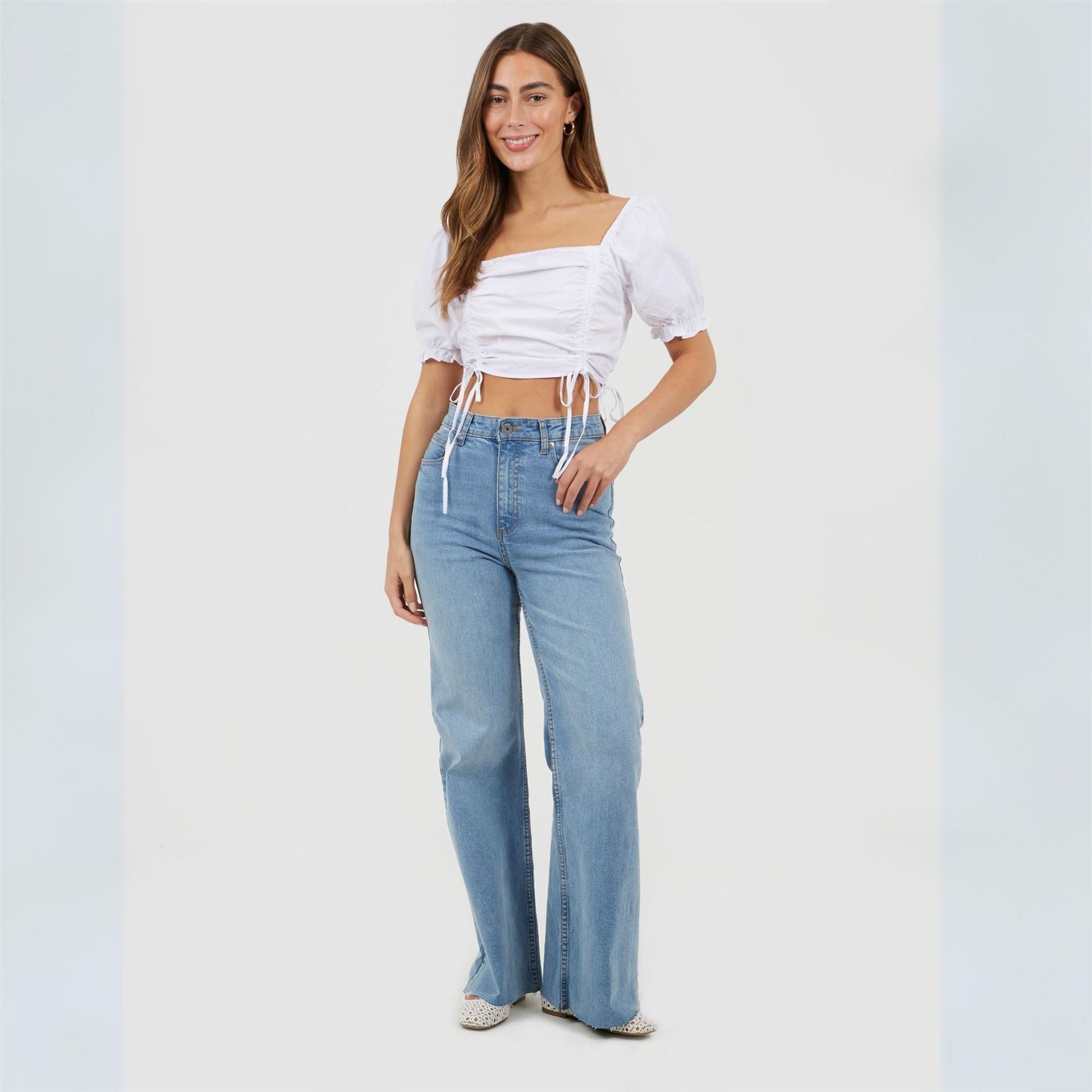Brave Soul Womens Puff Sleeve Top With Ruched And Tie Details.