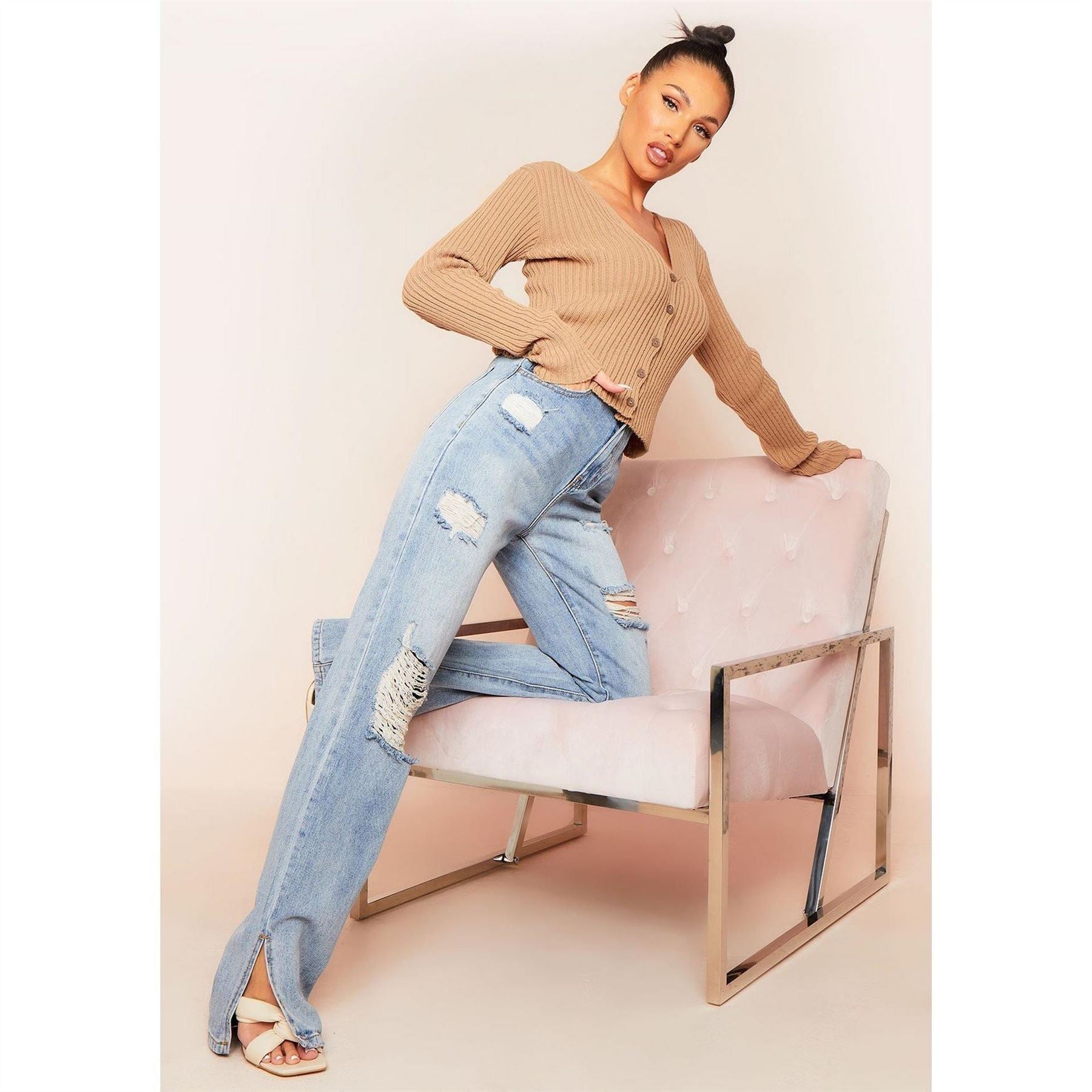 Missy Empire Wash Ripped Split Hem Straight Leg Jeans