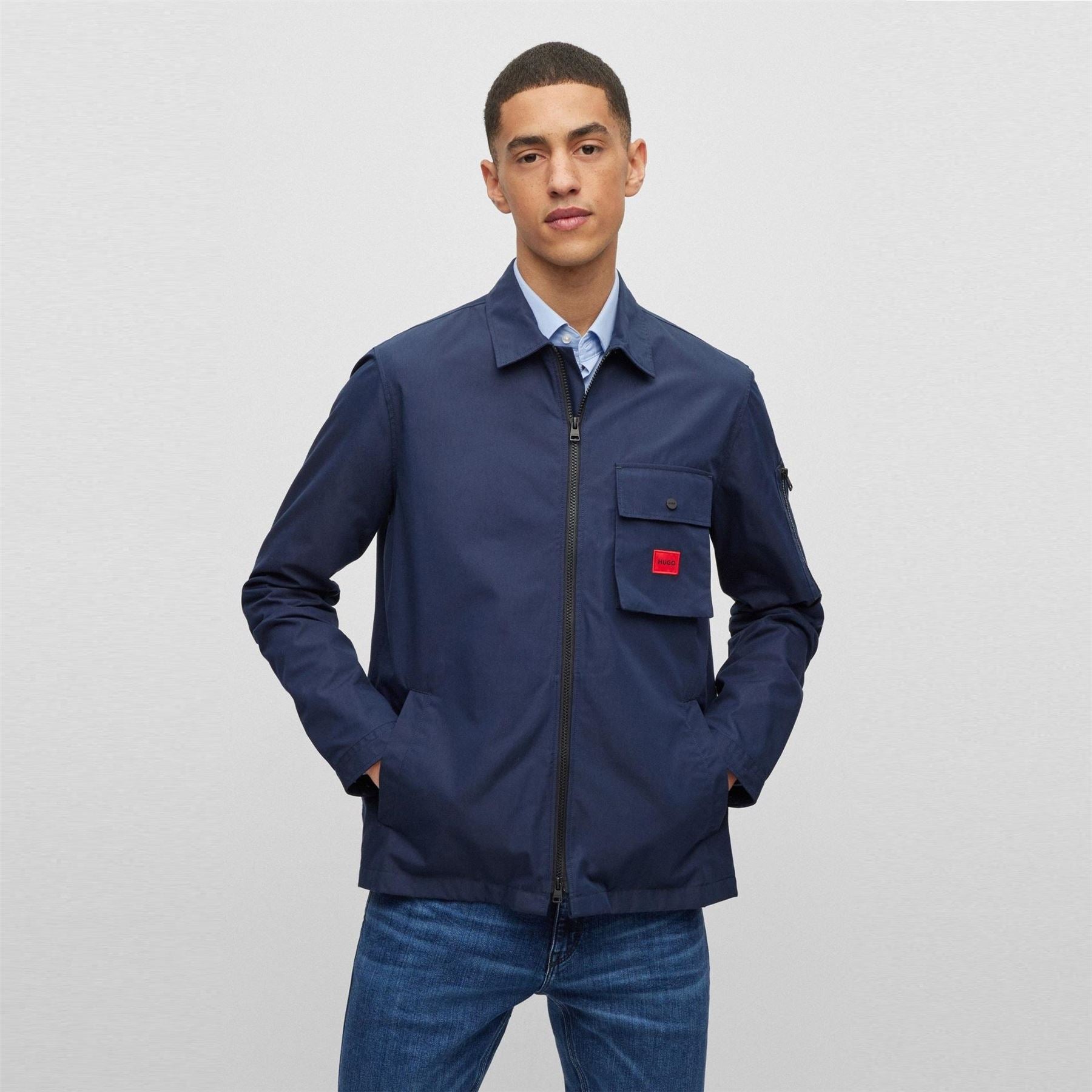 Hugo HUGO Emmond Cotton Long Sleeve Zip Overshirt   Contemporary Design with Logo Detail