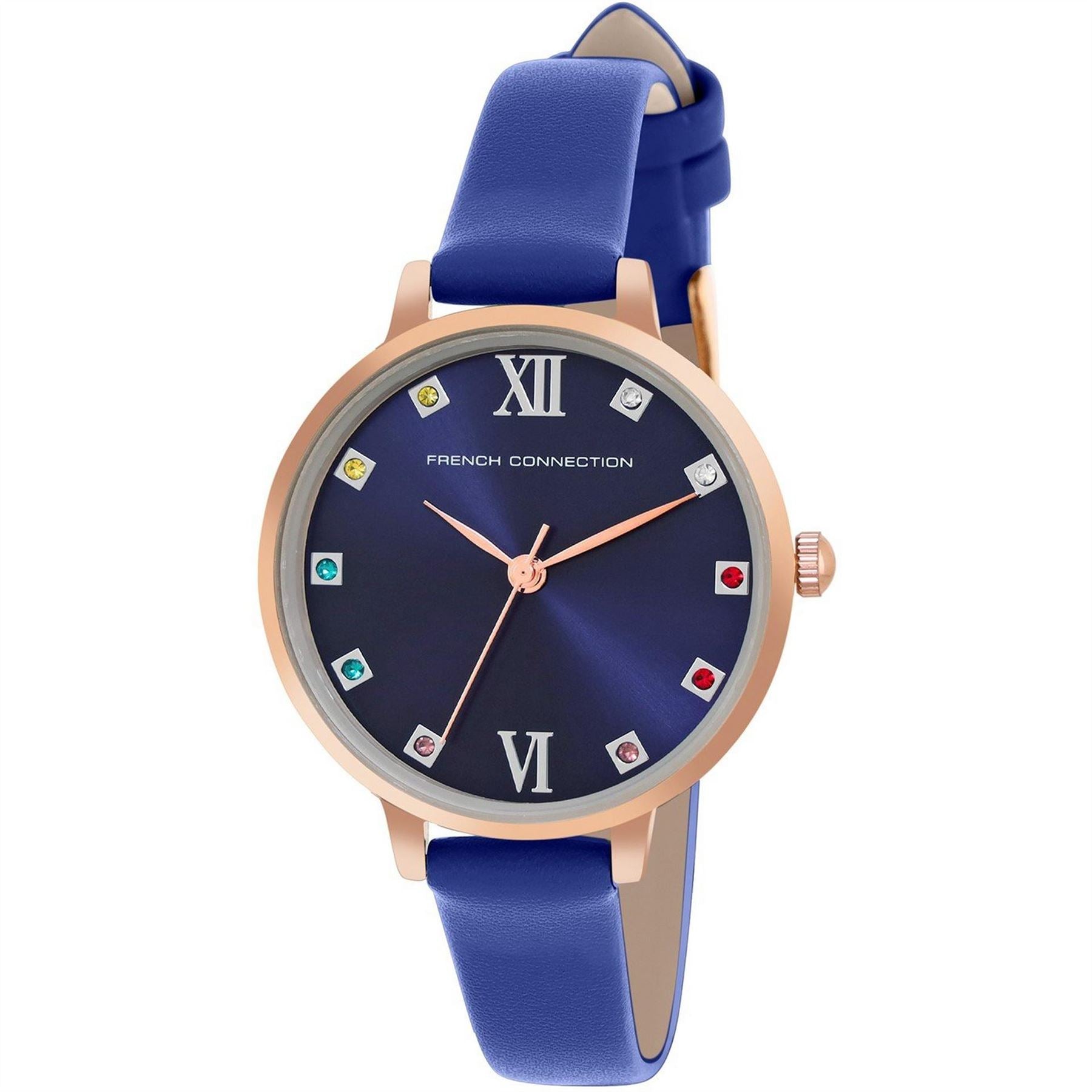 French Connection Connection Rose Case Round Shape Blue Strap Quartz Watch