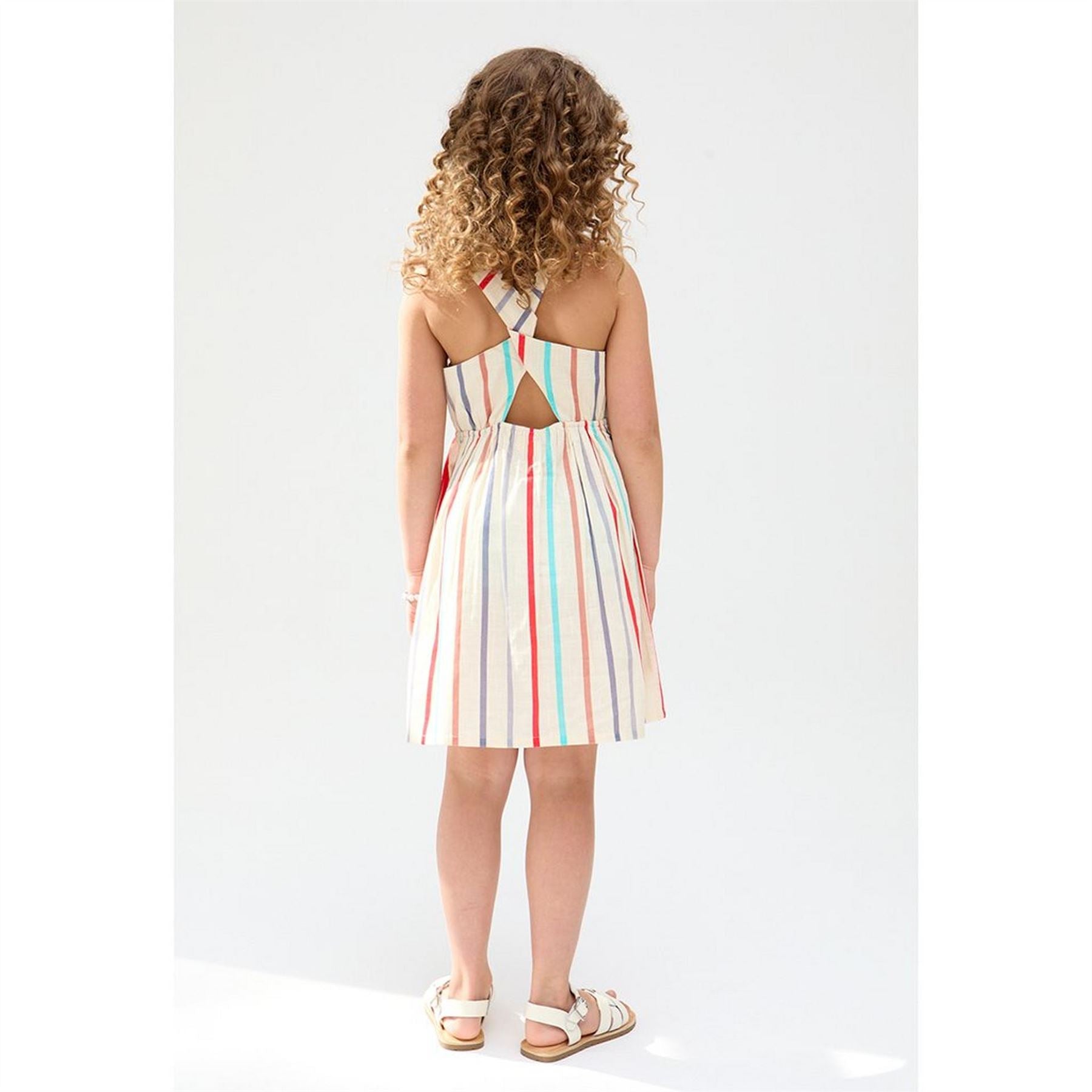 Raffya Kids Kris Cross Back Stripe Print Dress In Cream