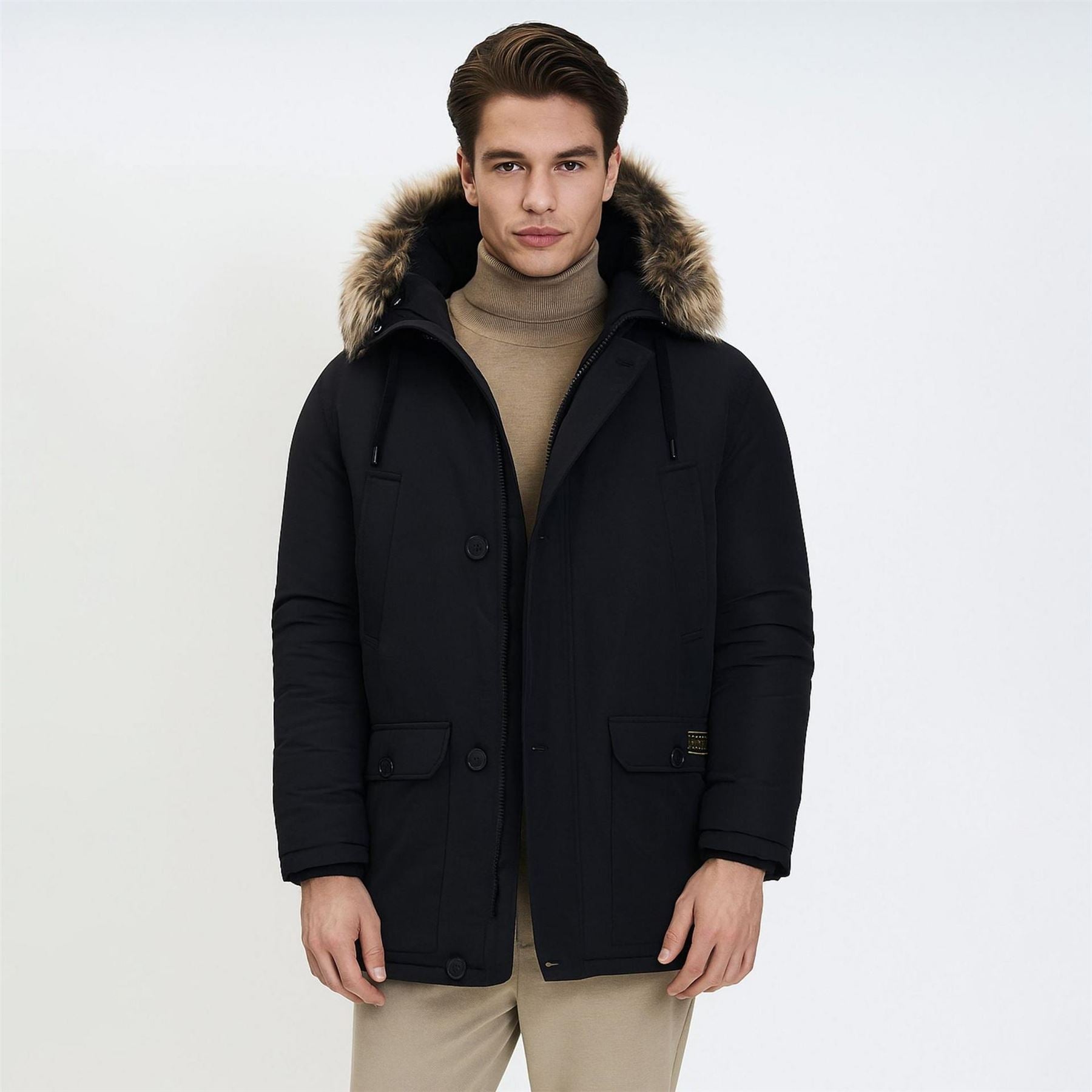 Minoti Men Padded Parka Jacket With Faux Fur Hood Black