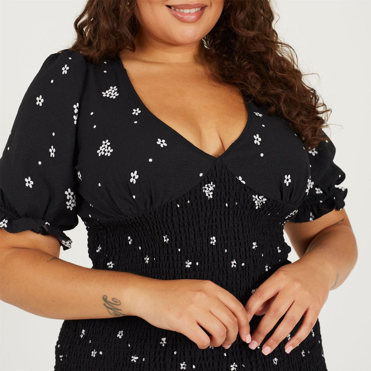 Brave Soul Plus Size Puff Sleeve Mini Dress With Frill Hem