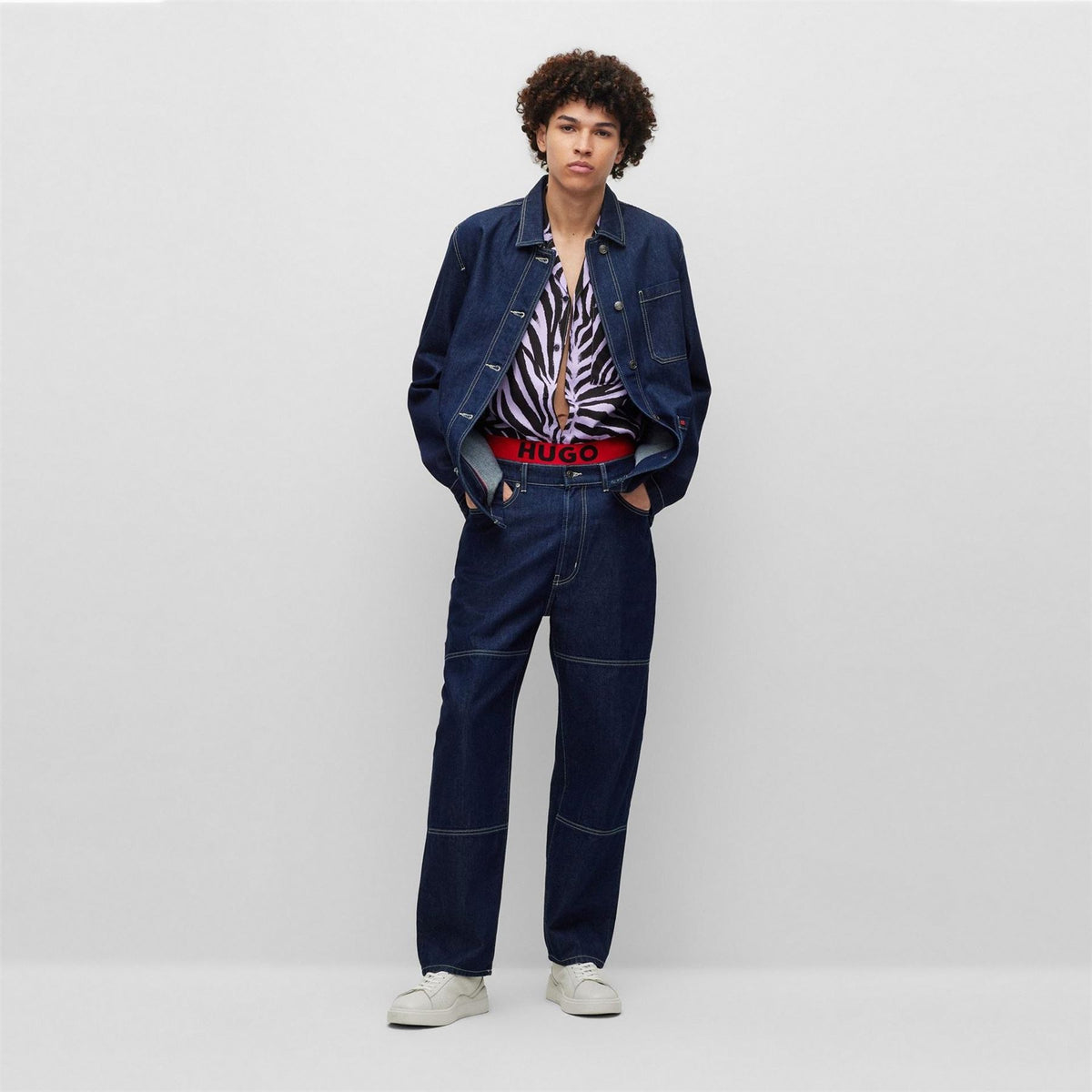 Hugo Solid Patterned Denim Jacket with Shirt Collar