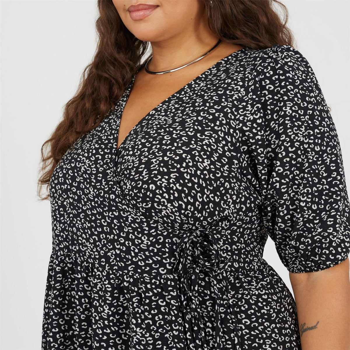 Brave Soul Plus Size Wrap Front Midi Dress With Puff Sleeves