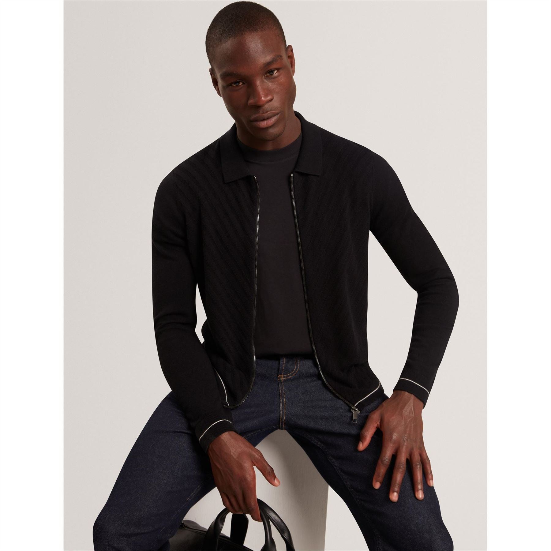 Ted Baker Chevron Stitched Detail Zip Neck Shirt Collared Jacket
