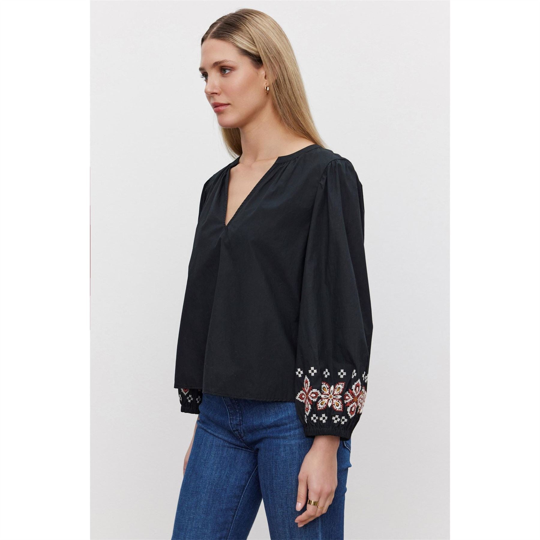 Velvet by Graham and Spencer Embroidered V-Neck Bishop Sleeve Blouse