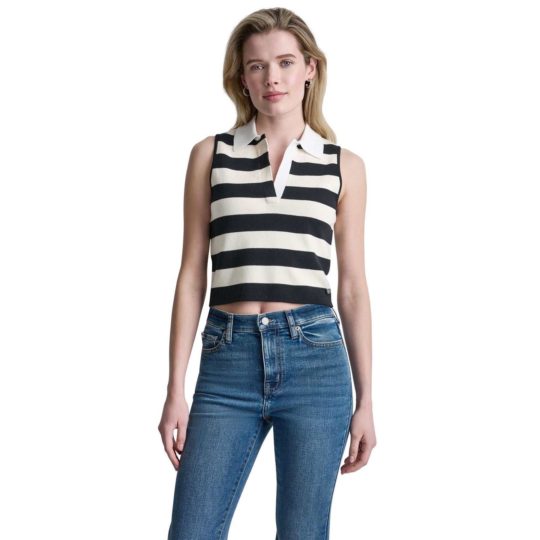 DKNY Striped Sleeveless Polo Sweater