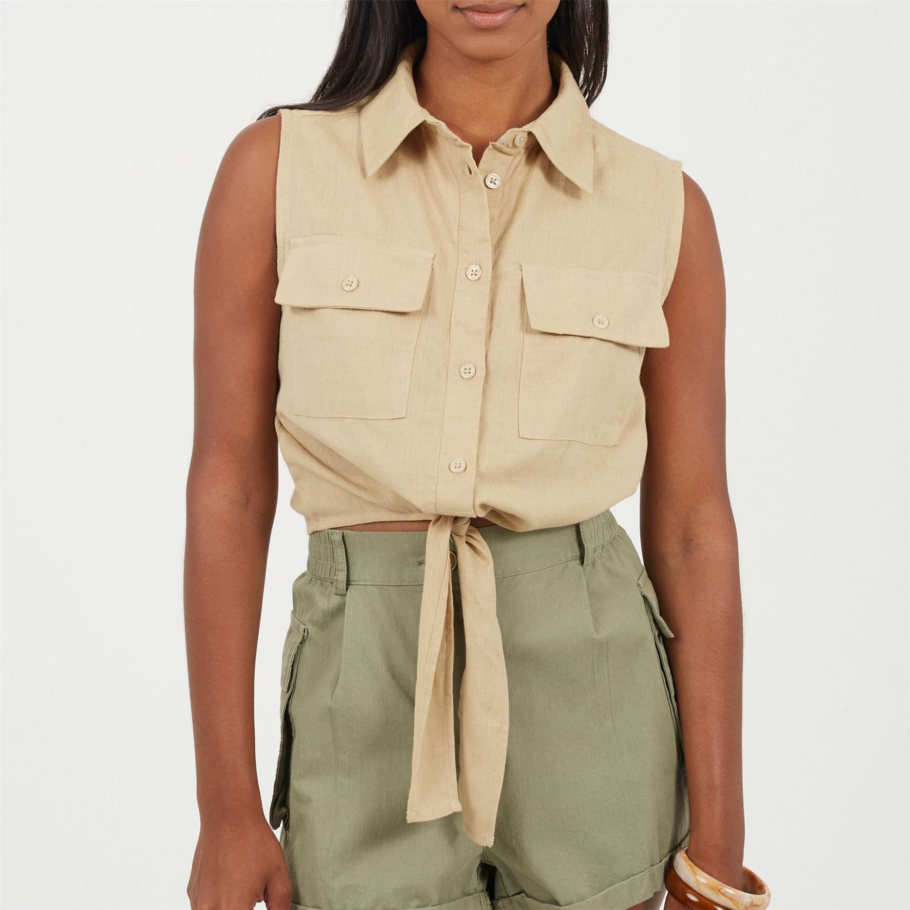 Brave Soul Womens Sleeveless Collared Top With Tie Detail