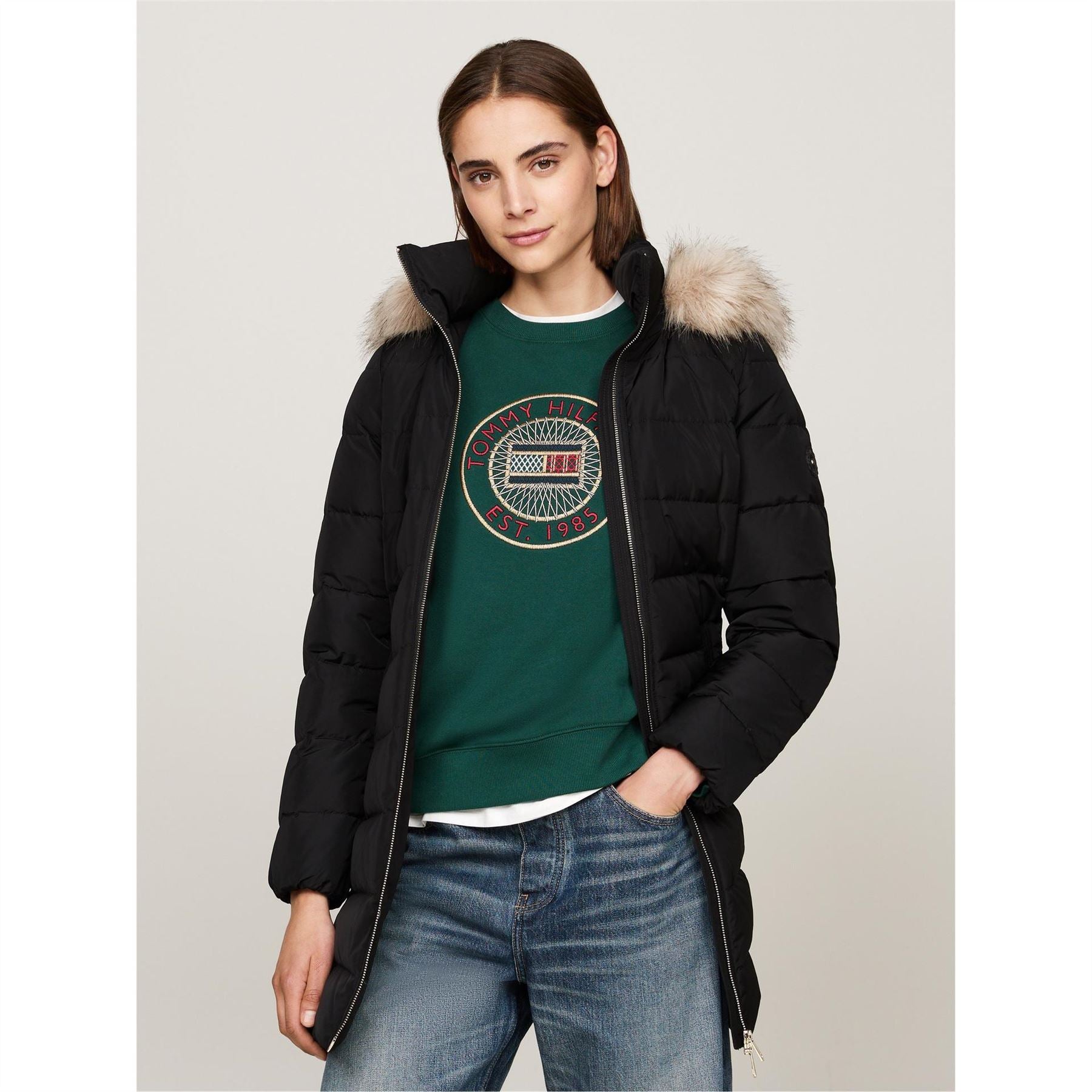 Tommy Hilfiger Tyra Water Resistant Duck Down Thigh Length Short Puffer Jacket