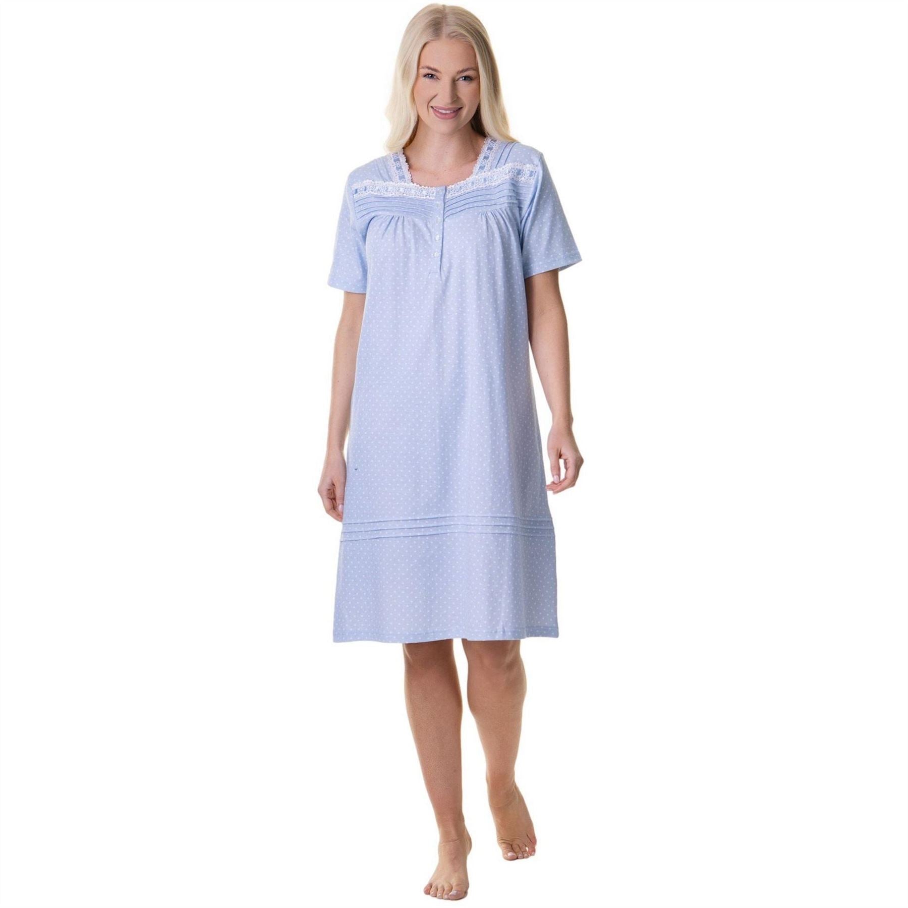 Camille 100 Percent  Cotton Short Sleeve White Polka Dot Nightdress
