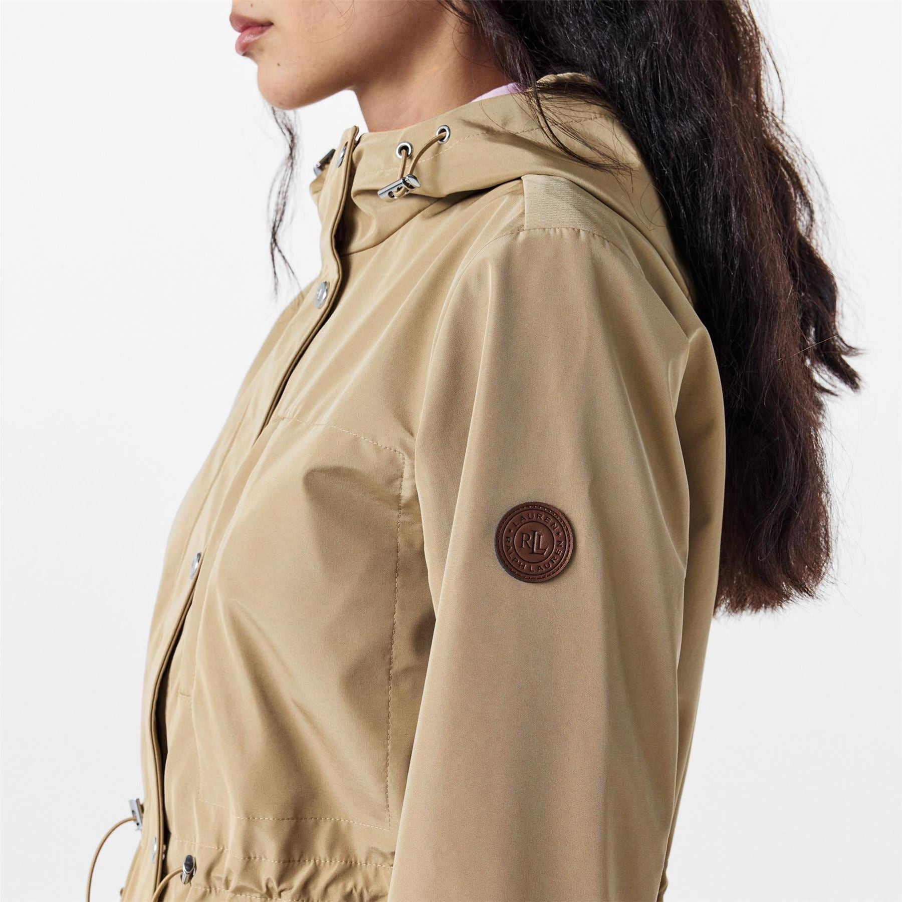 Lauren by Ralph Lauren Solid Patterned Hooded Drawstring Snap Button Rain Jacket