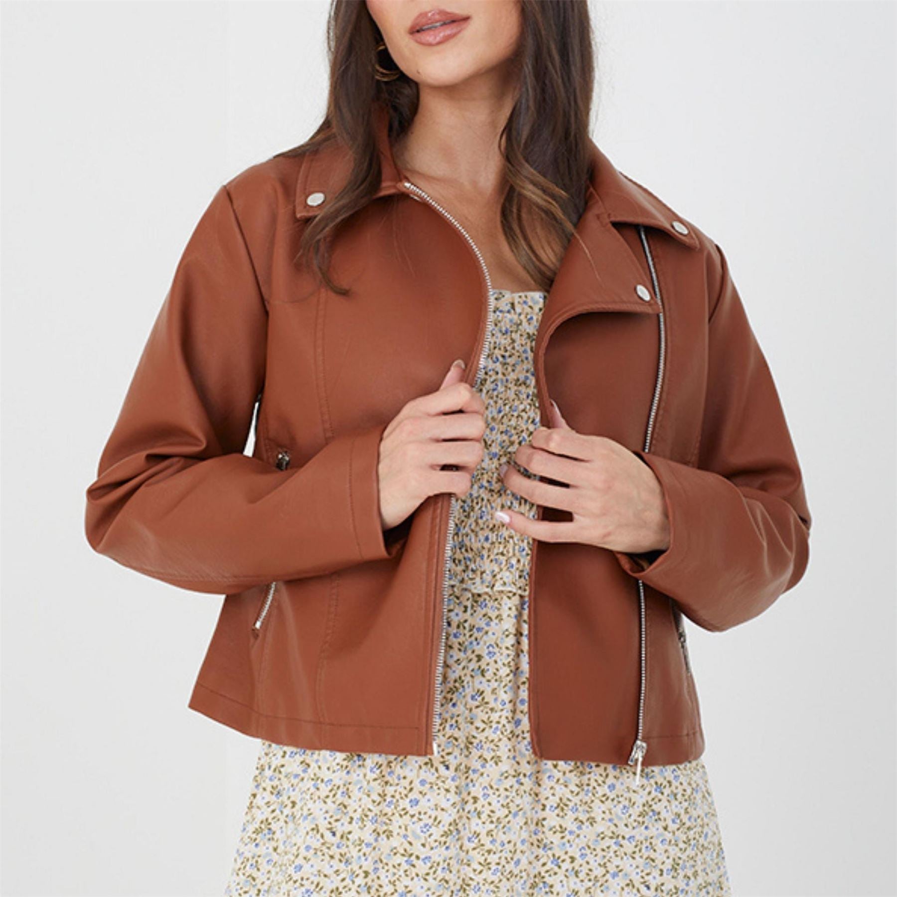 Brave Soul Womens Faux Leather Tan Biker Jacket