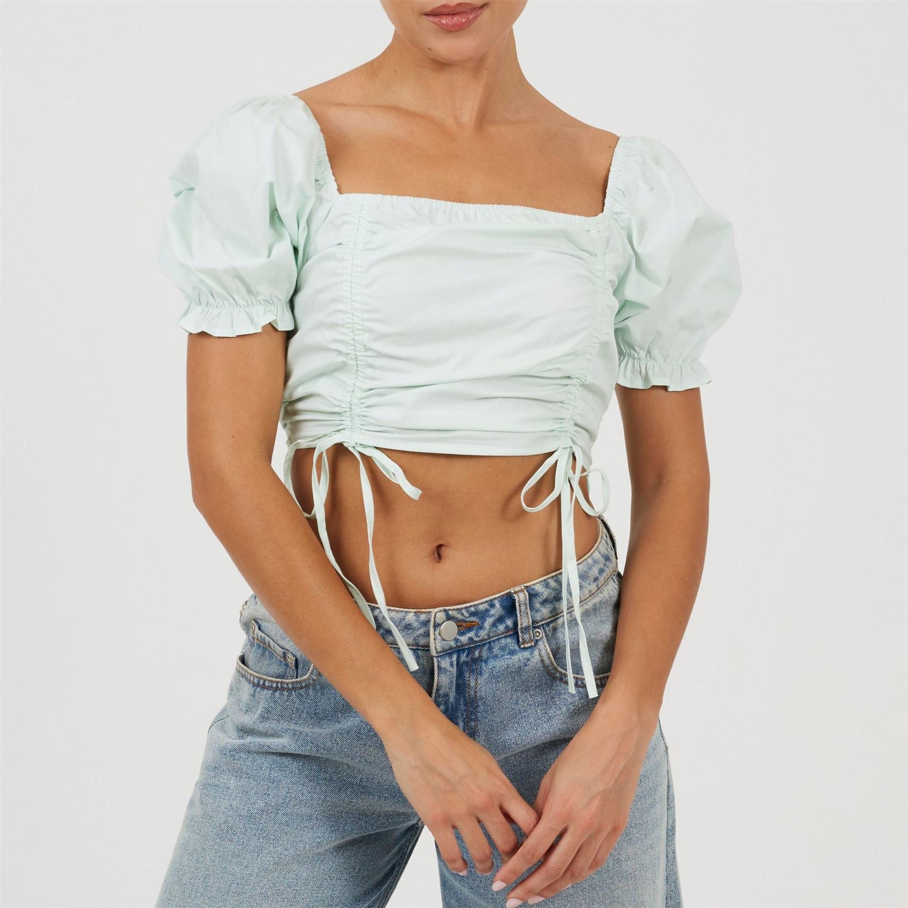 Brave Soul Womens Puff Sleeve Top With Ruched And Tie Details.