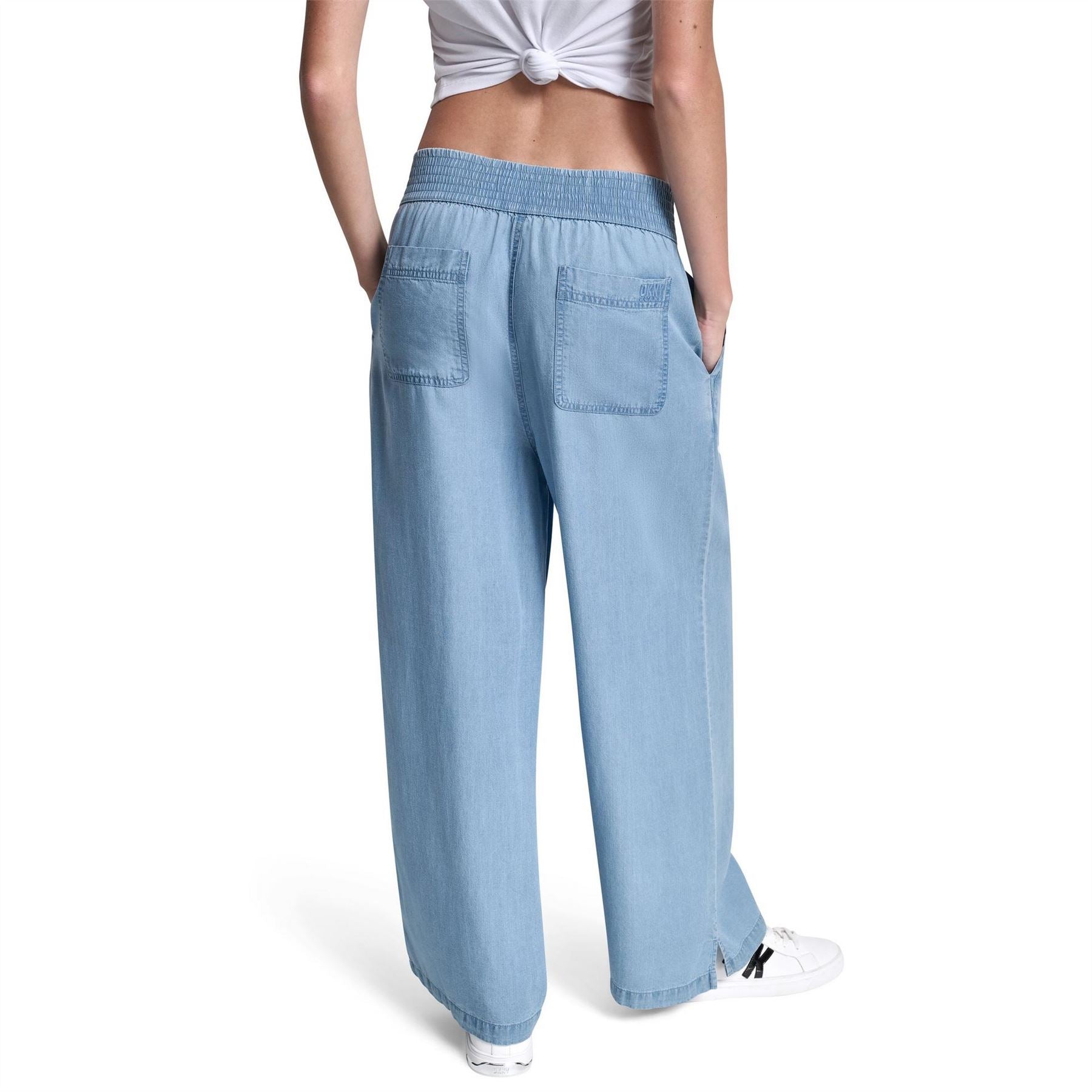 DKNY Jeans Wide Leg Tencel Ankle Pant W  High Rise Smocked Waistband