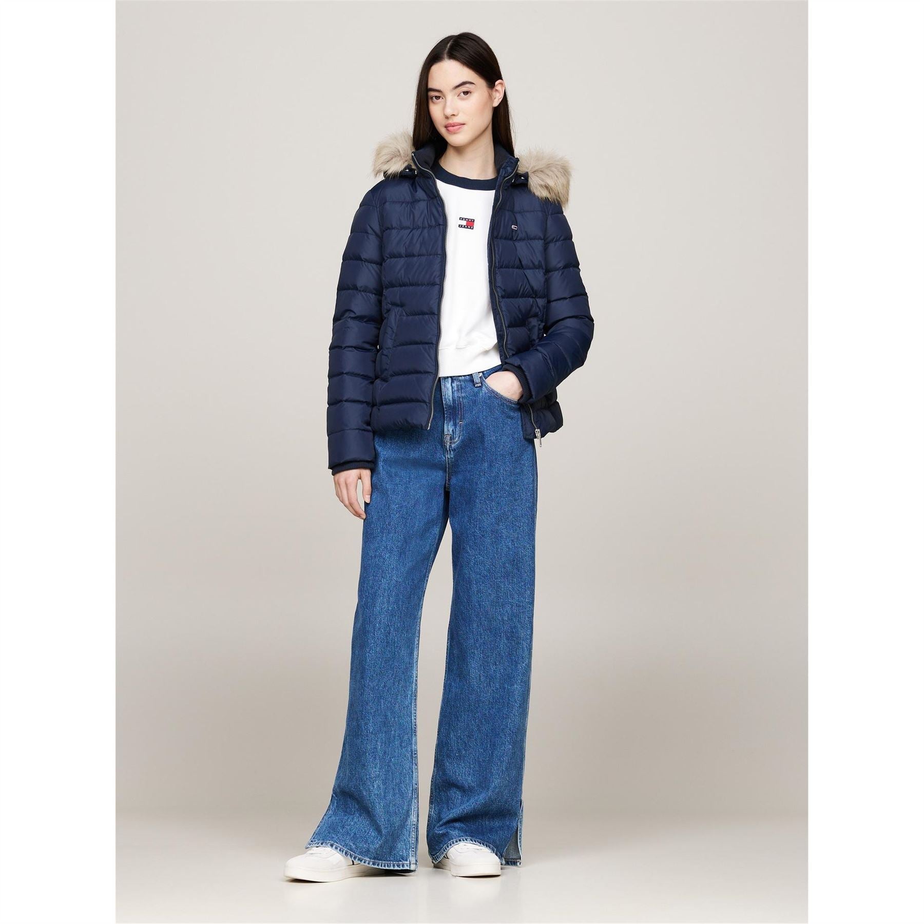 Tommy Jeans Essential Quilted Wind Resistant Faux Fur Hood RDS Down Short Puffer Jacket