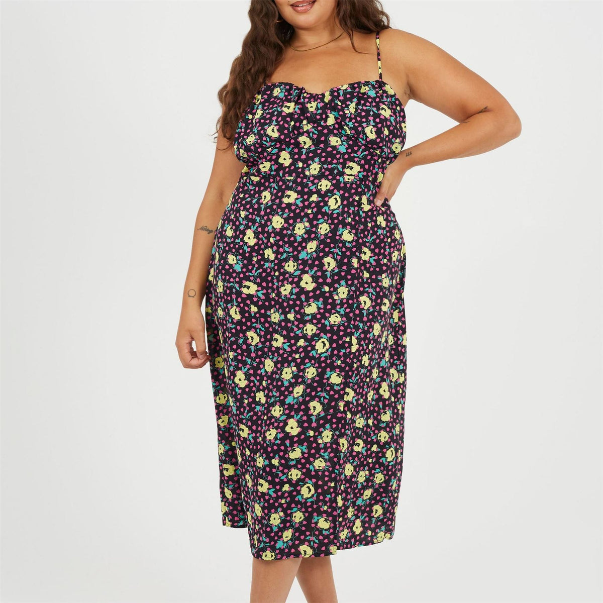 Brave Soul Plus Size Strappy Floral Midi Dress With Split Detail