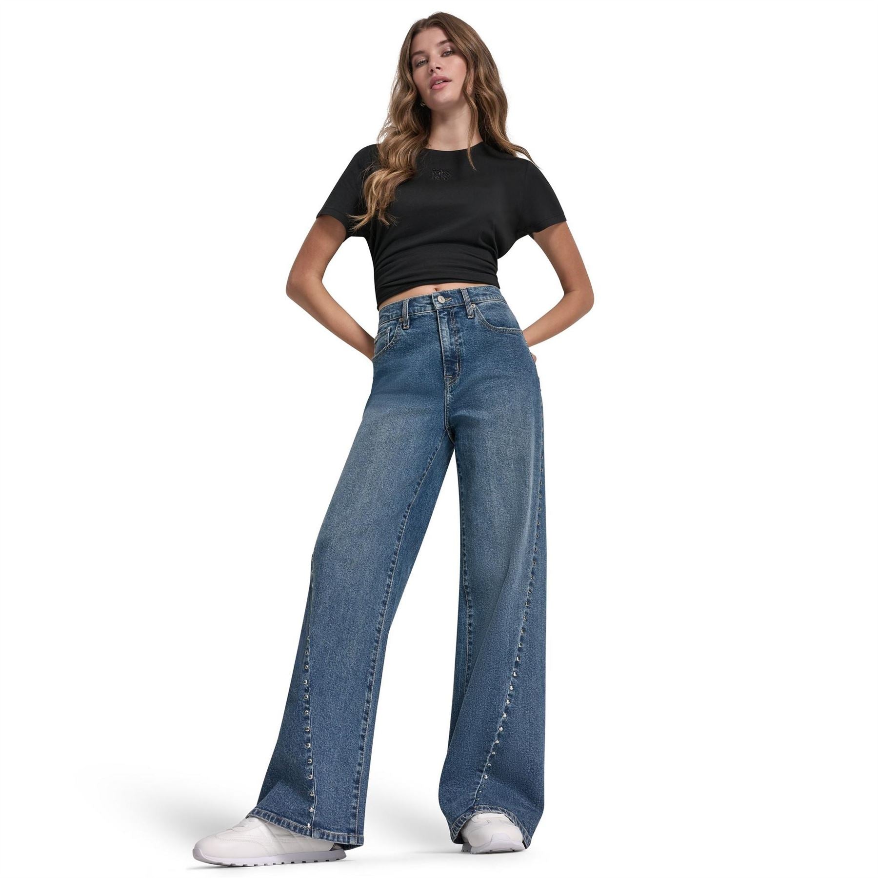 DKNY Jeans High Rise Modern Wide Leg W  Curved Studded Forward Seam