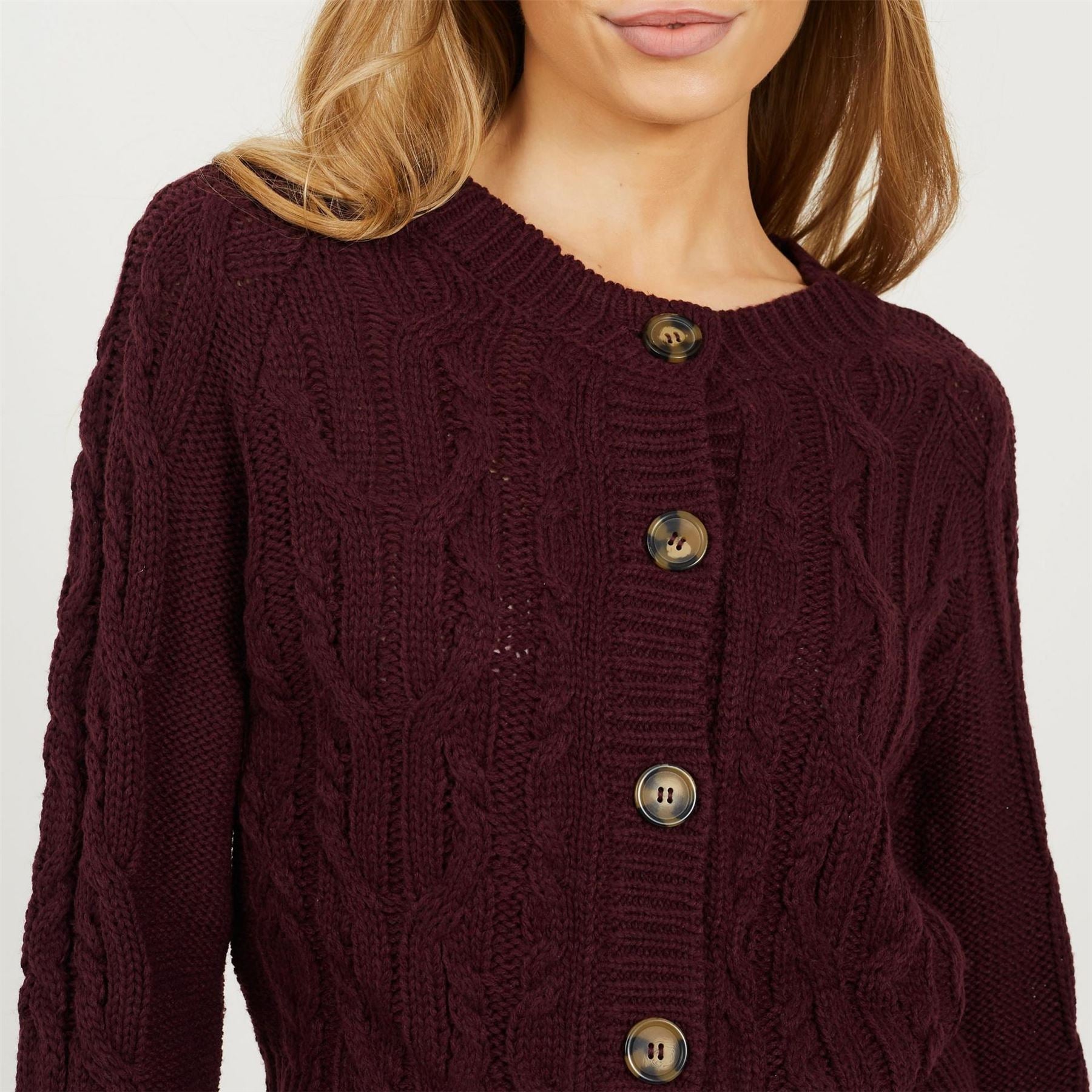 Brave Soul Womens Crew Neck Cable Knit Cardigan With Raglan Sleeve