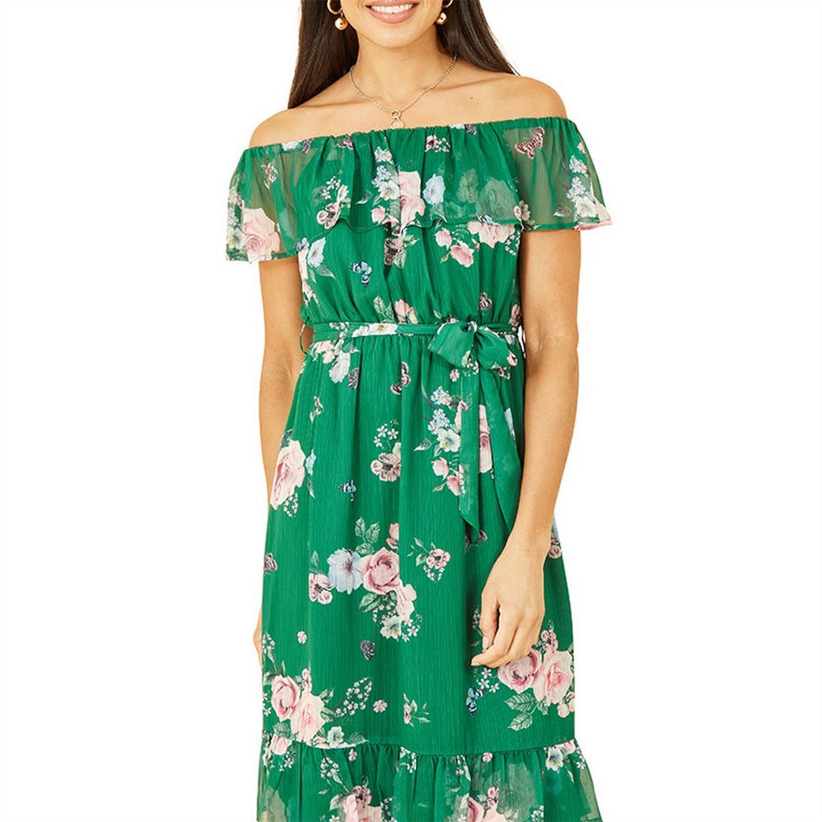 Yumi Floral Off-The-Shoulder Midi A-Line Dress