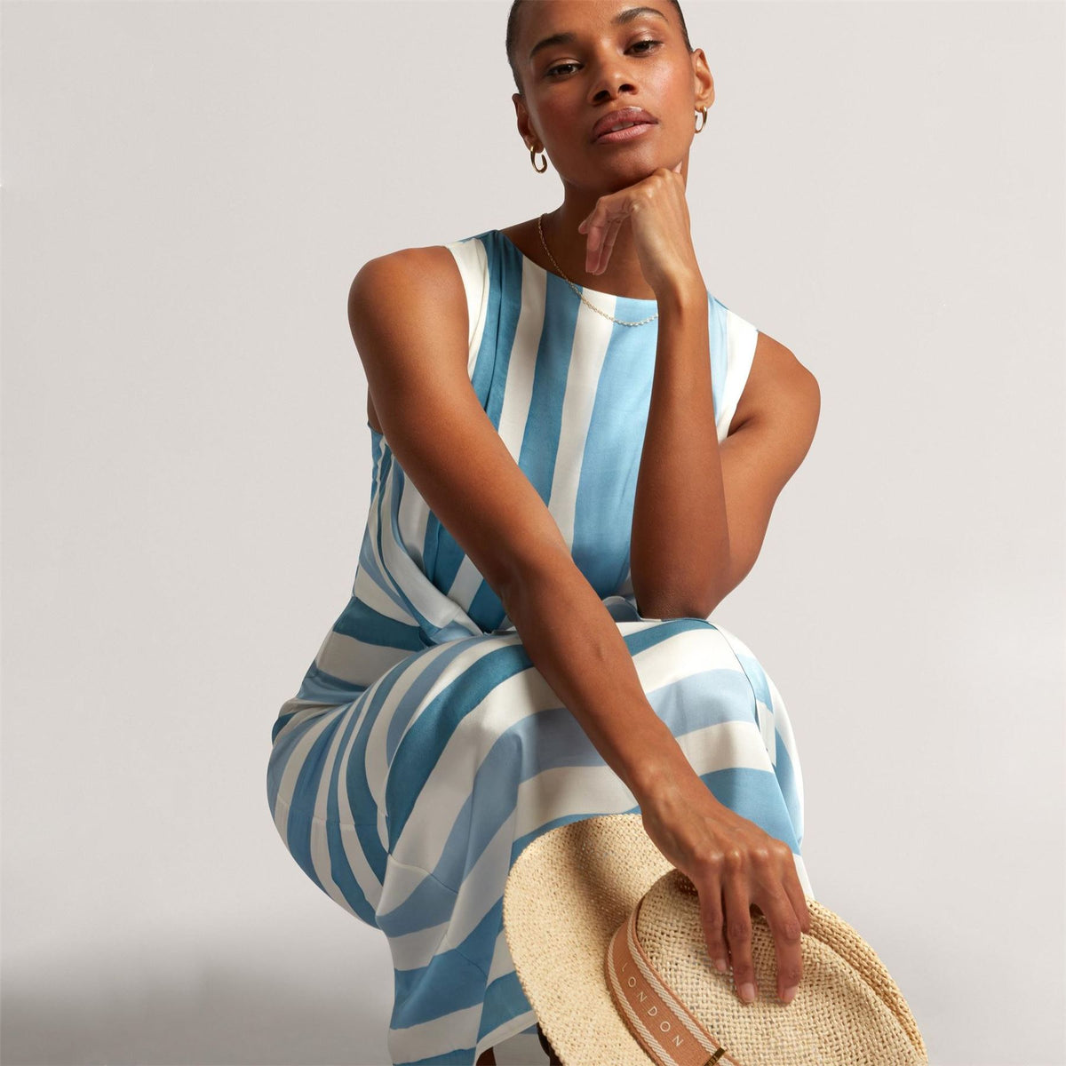 Ted Baker Baker Blue Stripe Tie Front Sleeveless Midi Dress