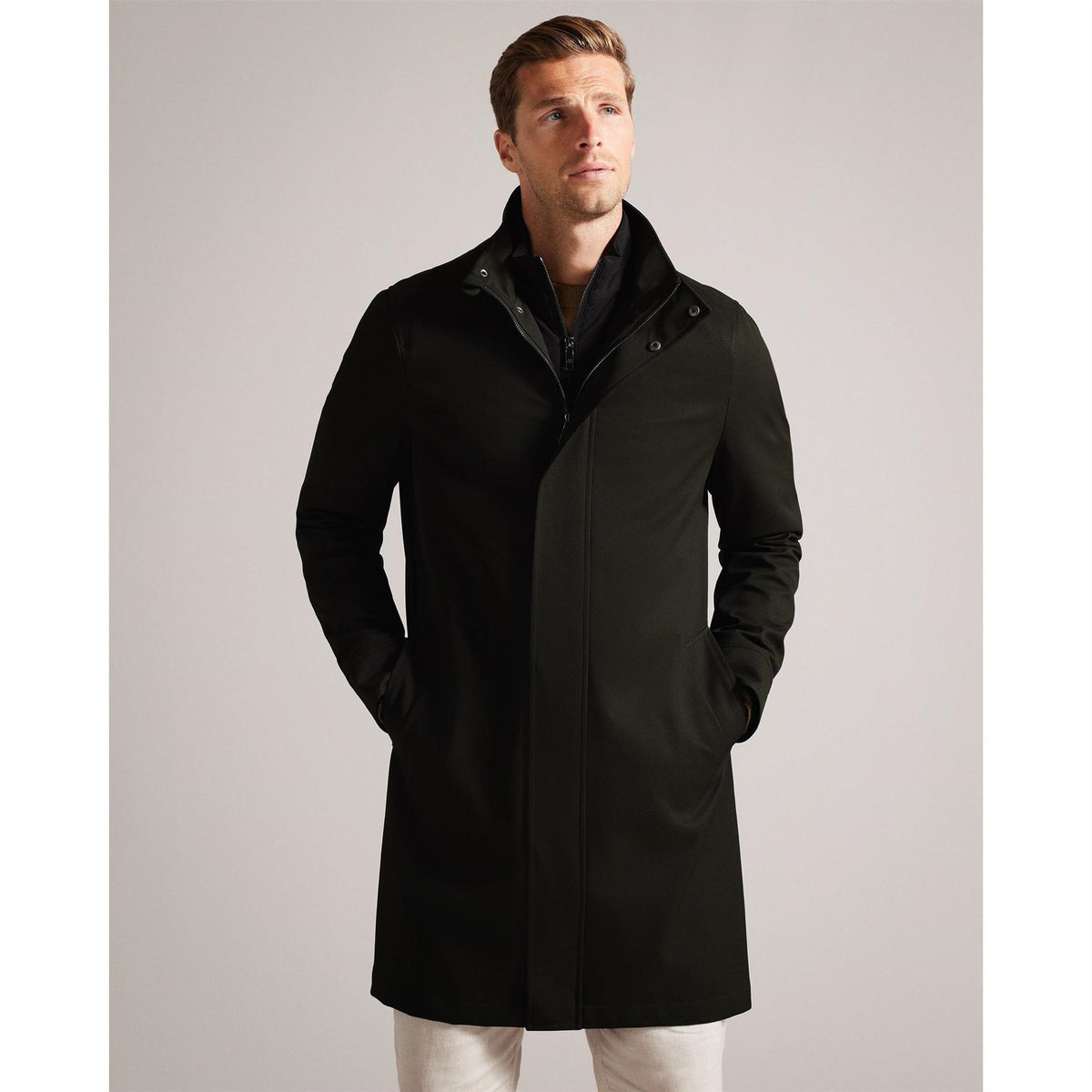 Ted Baker Solid Patterned Nylon Funnel Over Coat with Side Pocket