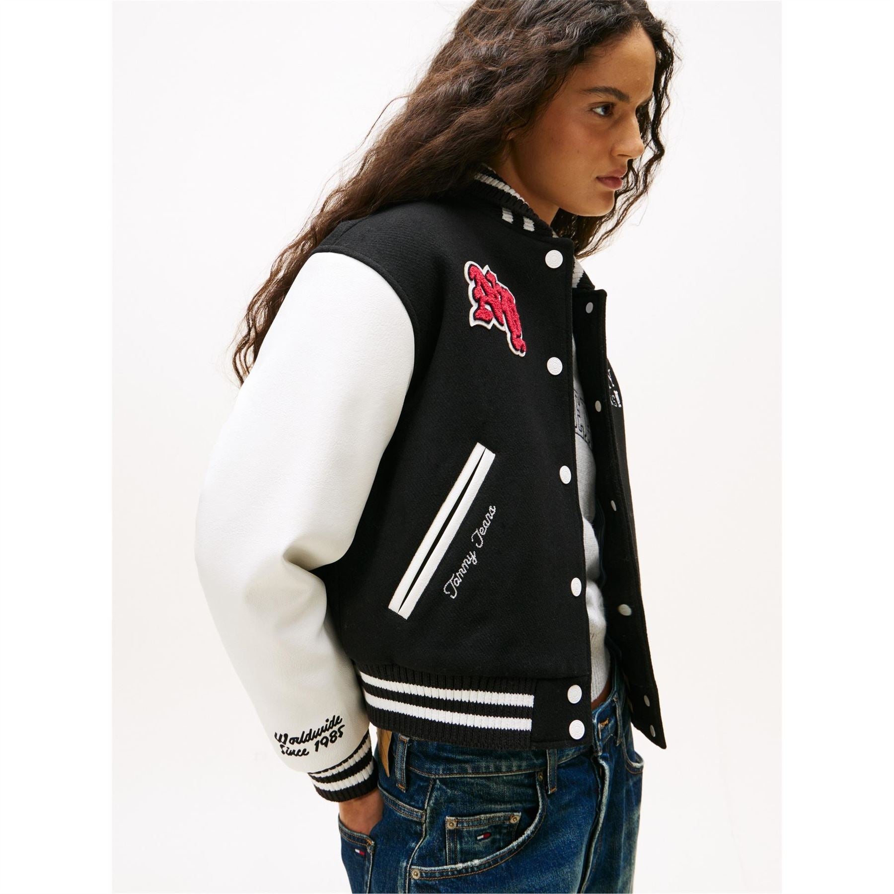 Tommy Jeans Varsity Snap Button Embroidered Ribbed Cuff Jacket
