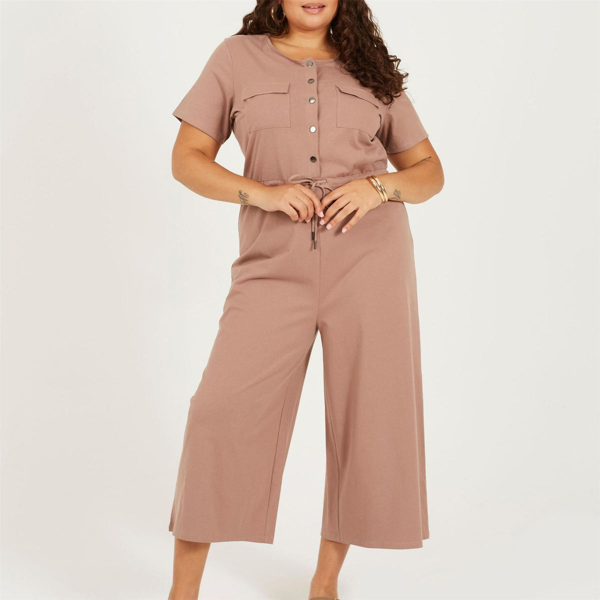 Brave Soul Crew Neck Short Sleeve Solid Patterned Culotte Jumpsuit