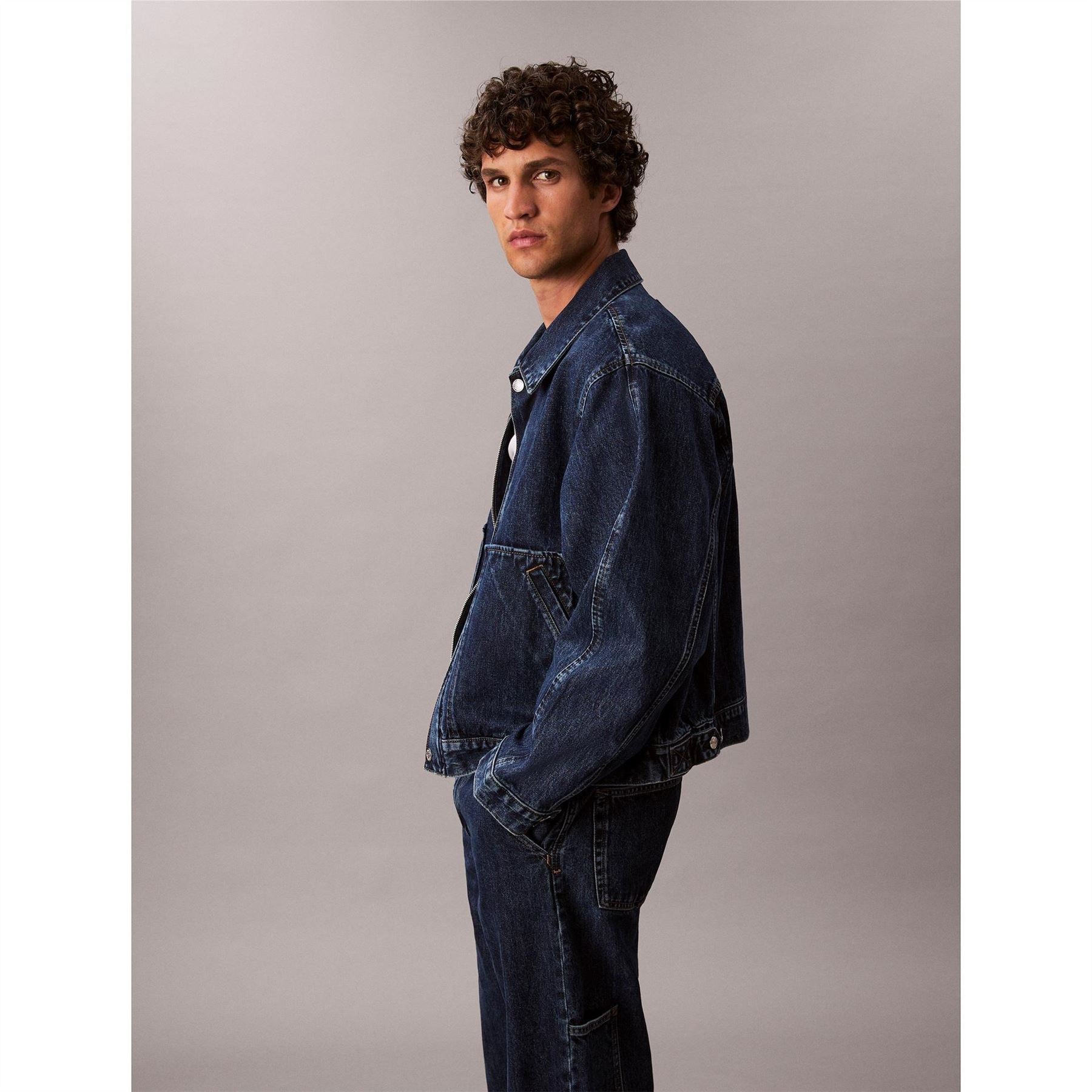Calvin Klein Jeans Solid Patterned Snap Button Front Pocket Denim Jacket