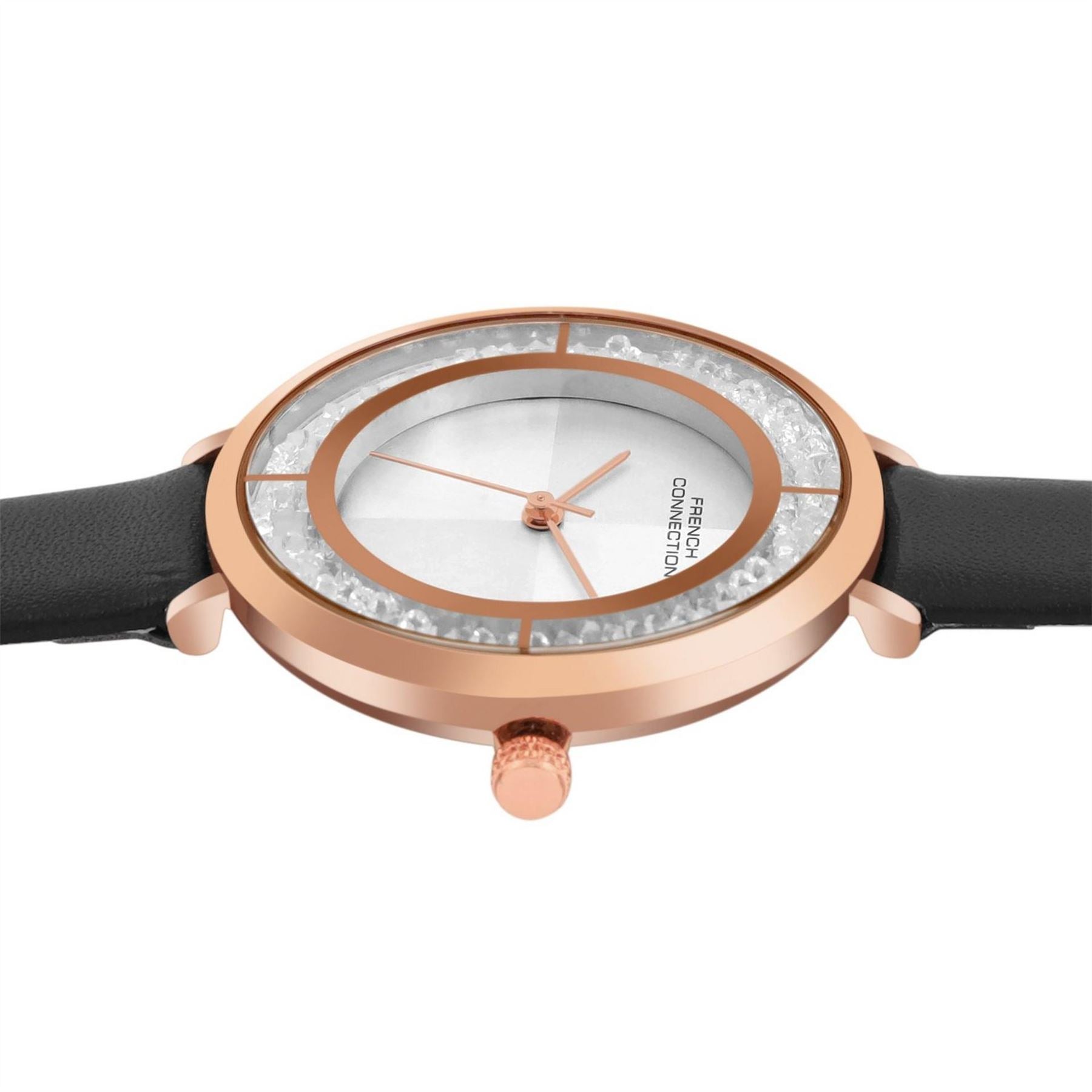 French Connection Connection Rose Case Round Shape Black Strap Quartz Watch