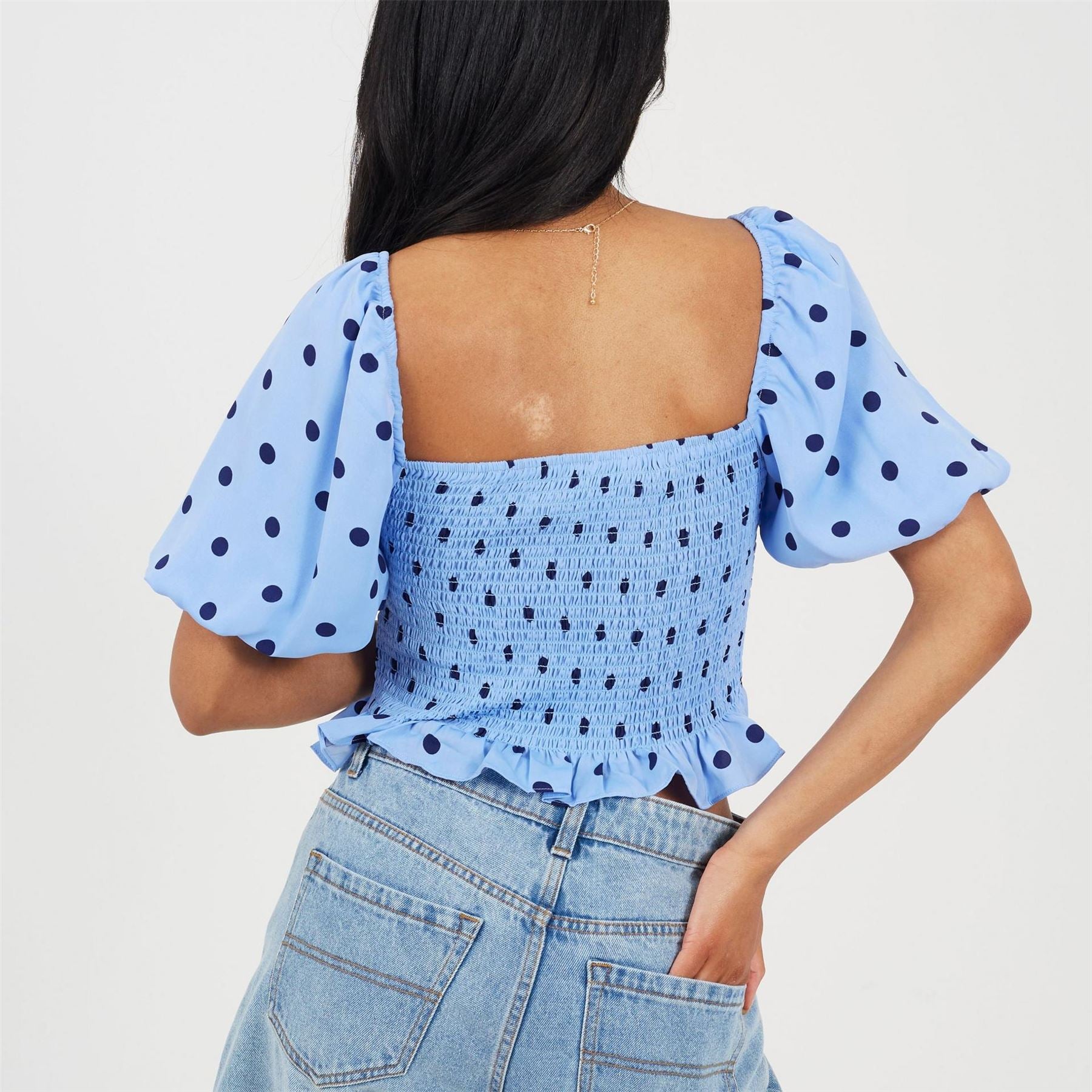 Brave Soul Womens Puff Sleeve Shirred Bust Polka Dot Top