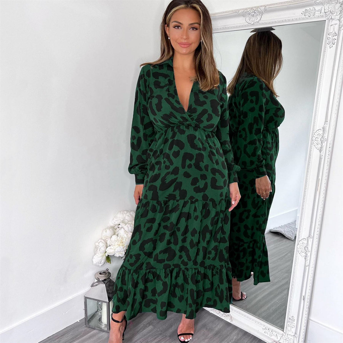 AX Paris Leopard Print Long Sleeve Smock Midi Dress