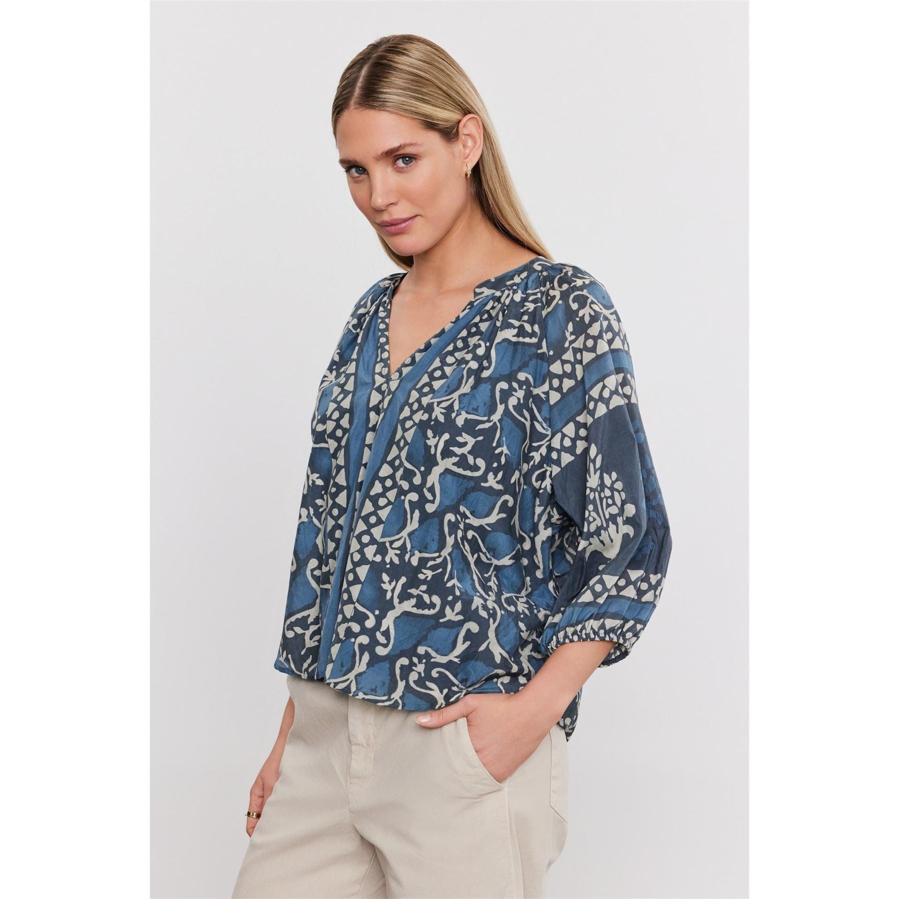 Velvet by Graham and Spencer Regular Fit V-Neck Puff Sleeve Blouse