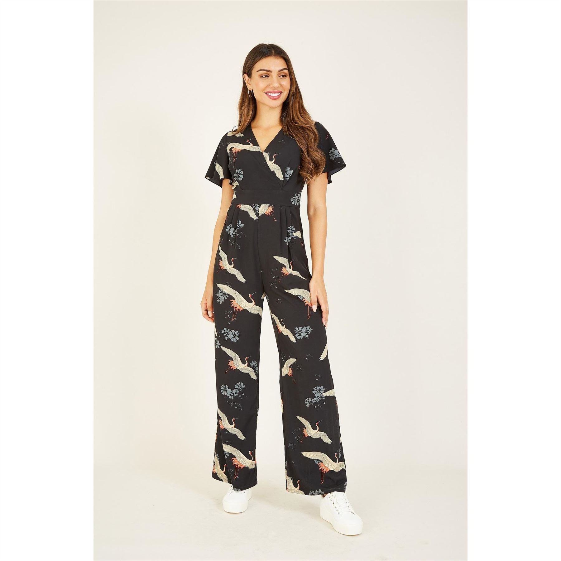 Yumi Crane Print Wide Leg Jumpsuit with Flutter Sleeves