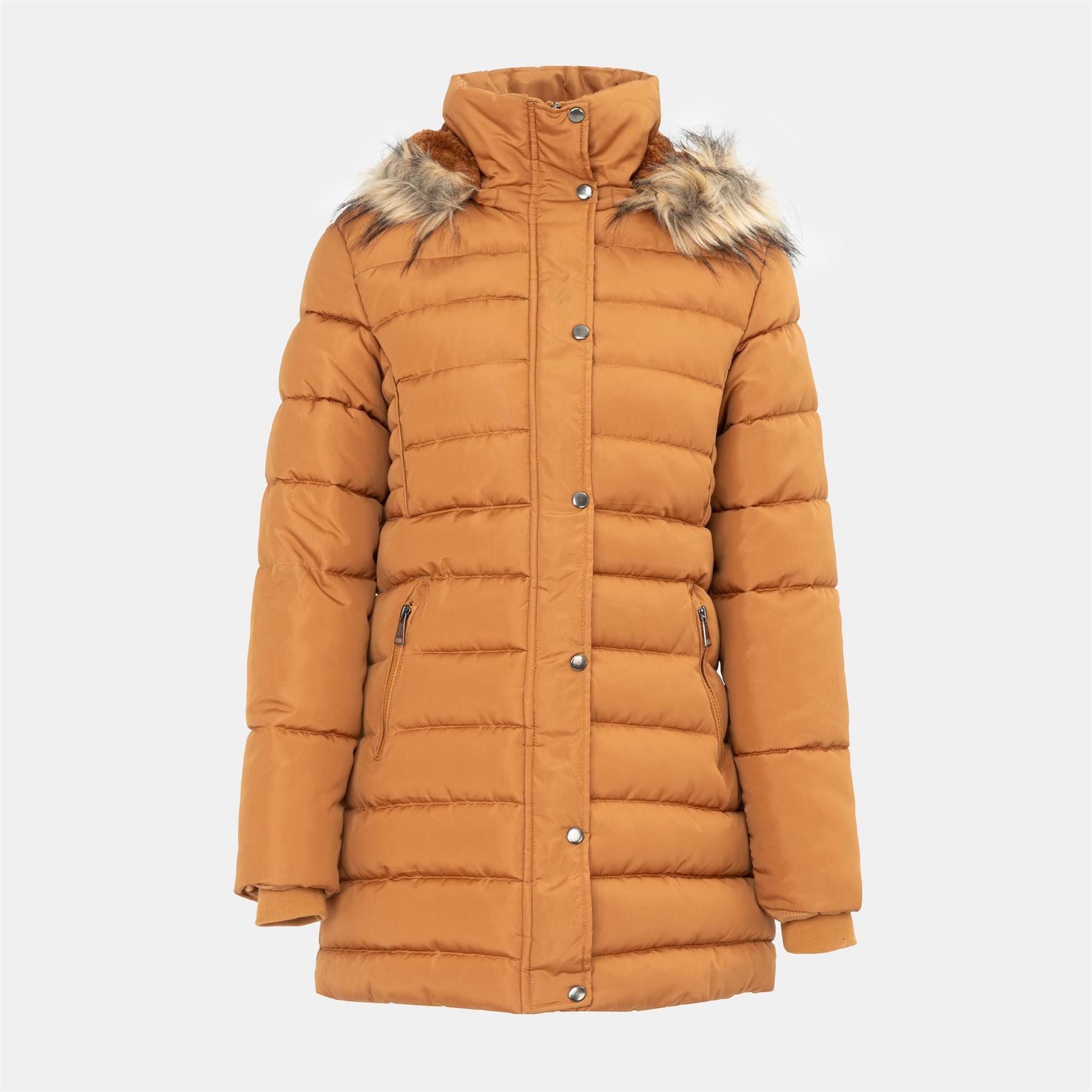 I Saw It First Solid Patterned Hooded Snap Button Fur Trim Ribbed Cuff Parka Jacket