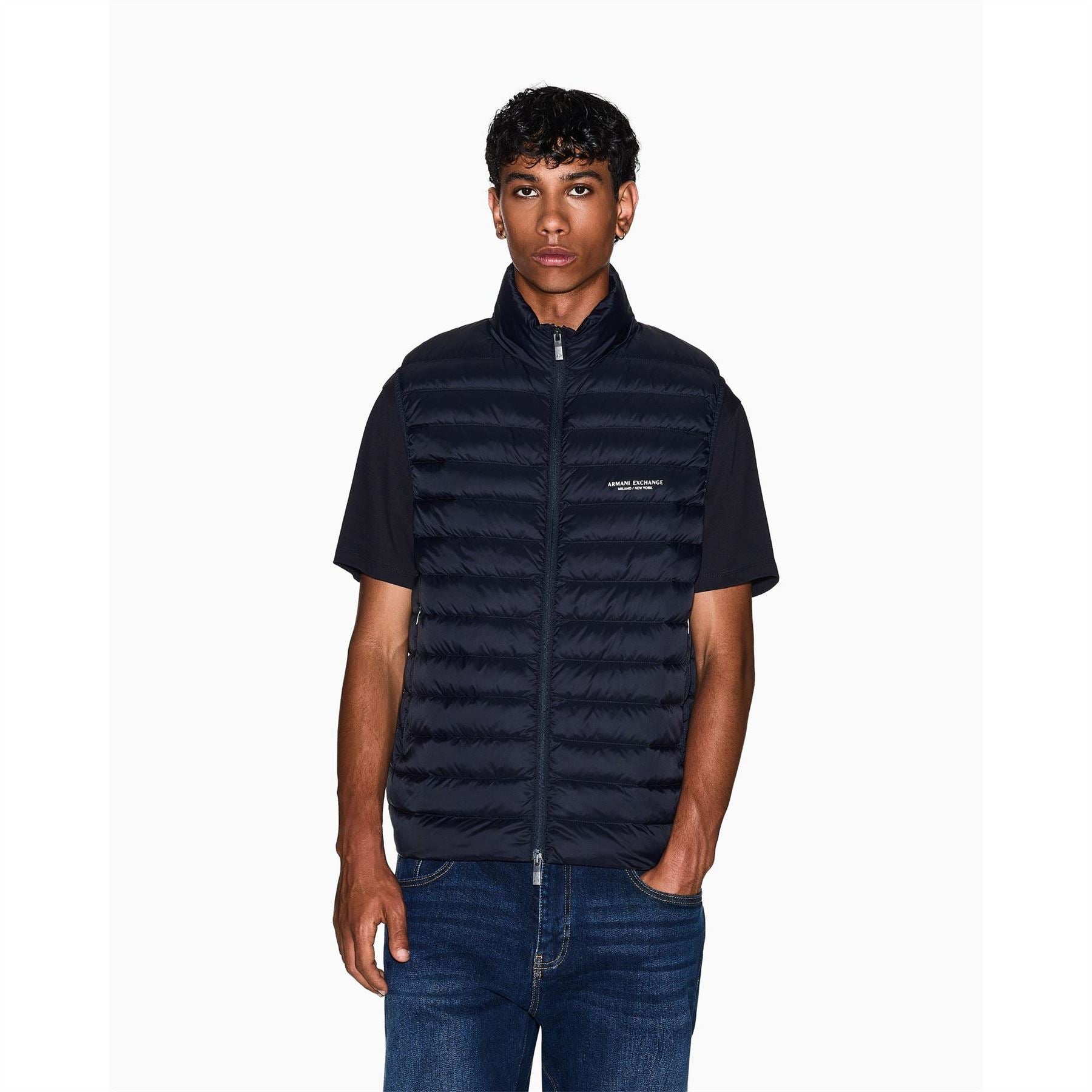 Armani Exchange Horizontal Stripe Two-Way Zipper Waist Coat with Printed Logo