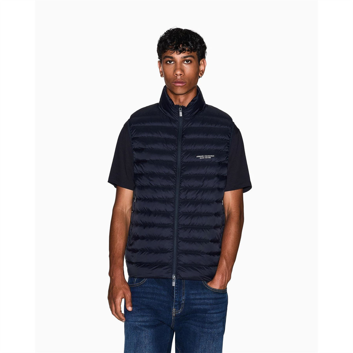 Armani Exchange Horizontal Stripe Two-Way Zipper Waist Coat with Printed Logo