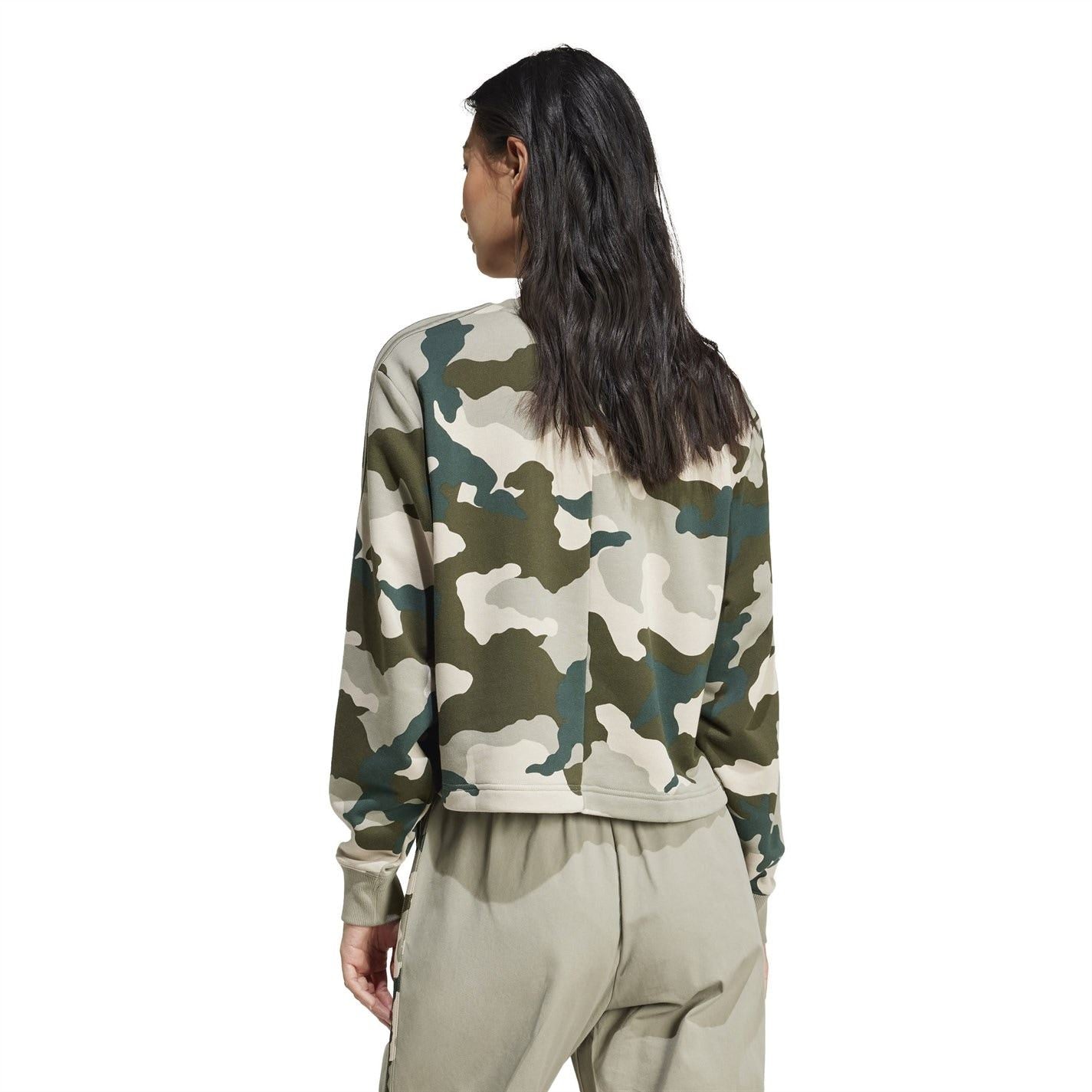adidas Womens Essentials 3 Stripes Camo Print Cropped Sweatshirt