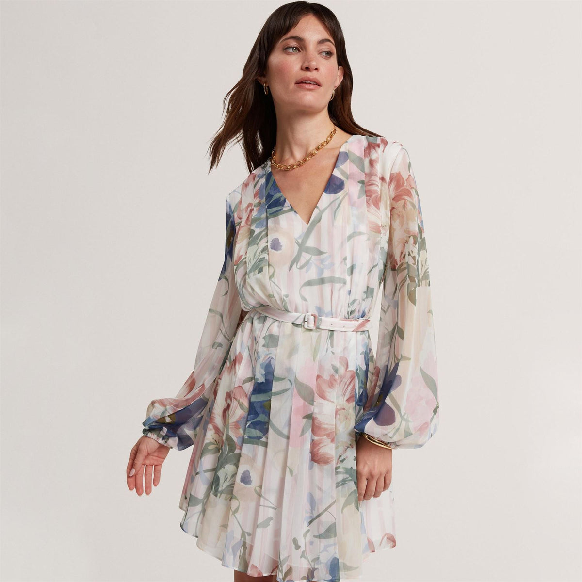 Ted Baker Baker Floral Pleated Long Sleeve Mini Dress